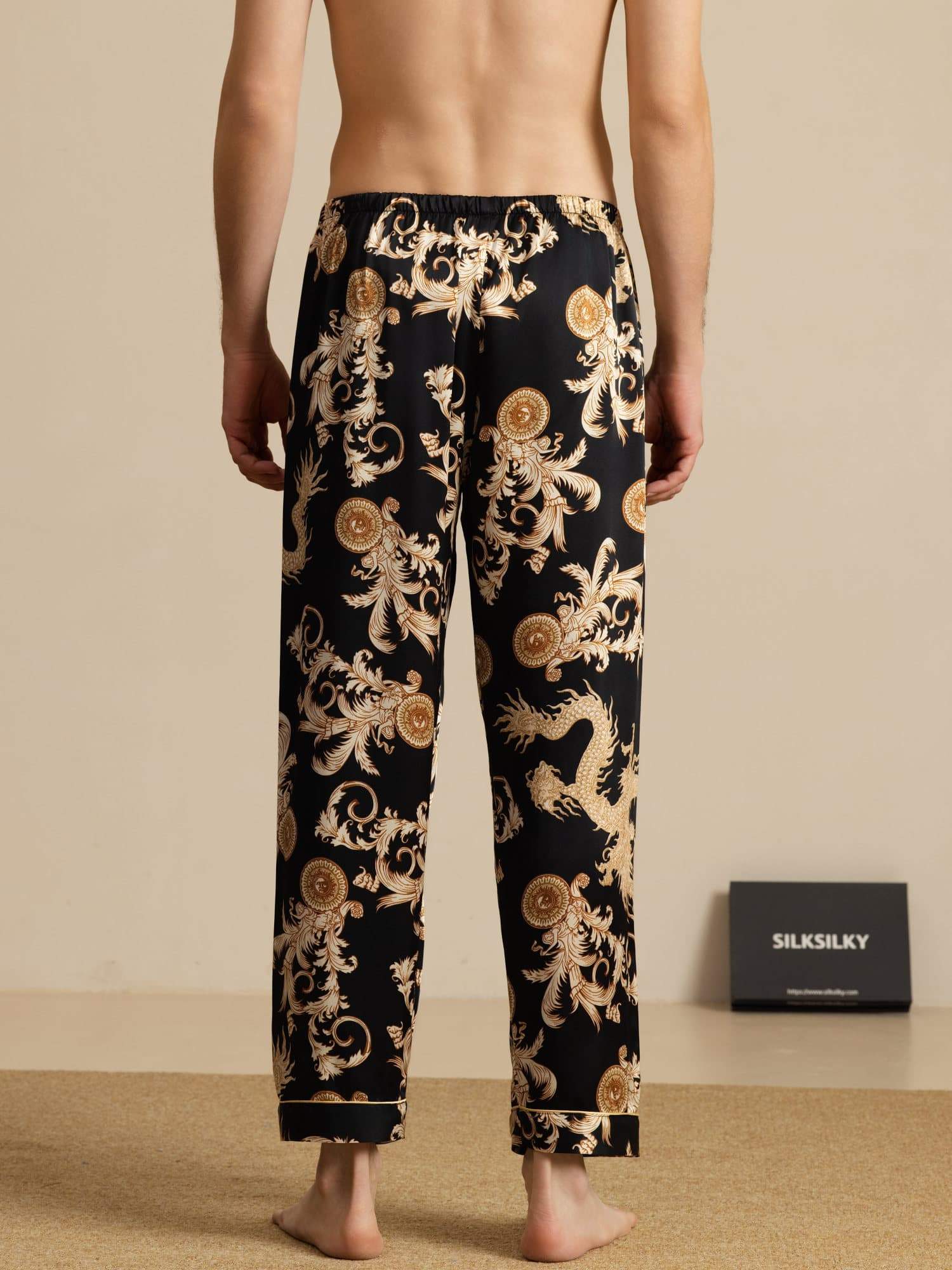 Pantalones De Dormir Para Hombres En Seda Pura Con Estampado De Dragón Y Cintura Elástica - Image 10