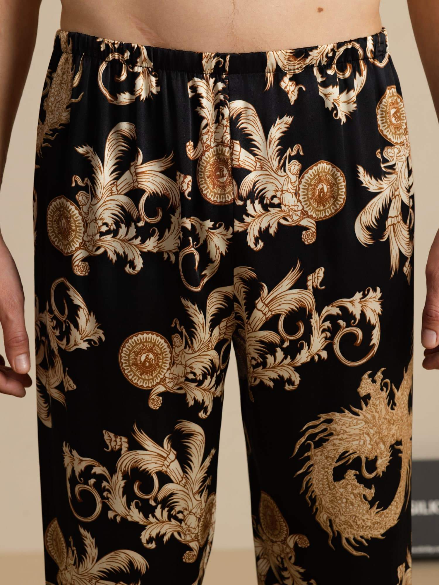 Pantalones De Dormir Para Hombres En Seda Pura Con Estampado De Dragón Y Cintura Elástica - Image 11