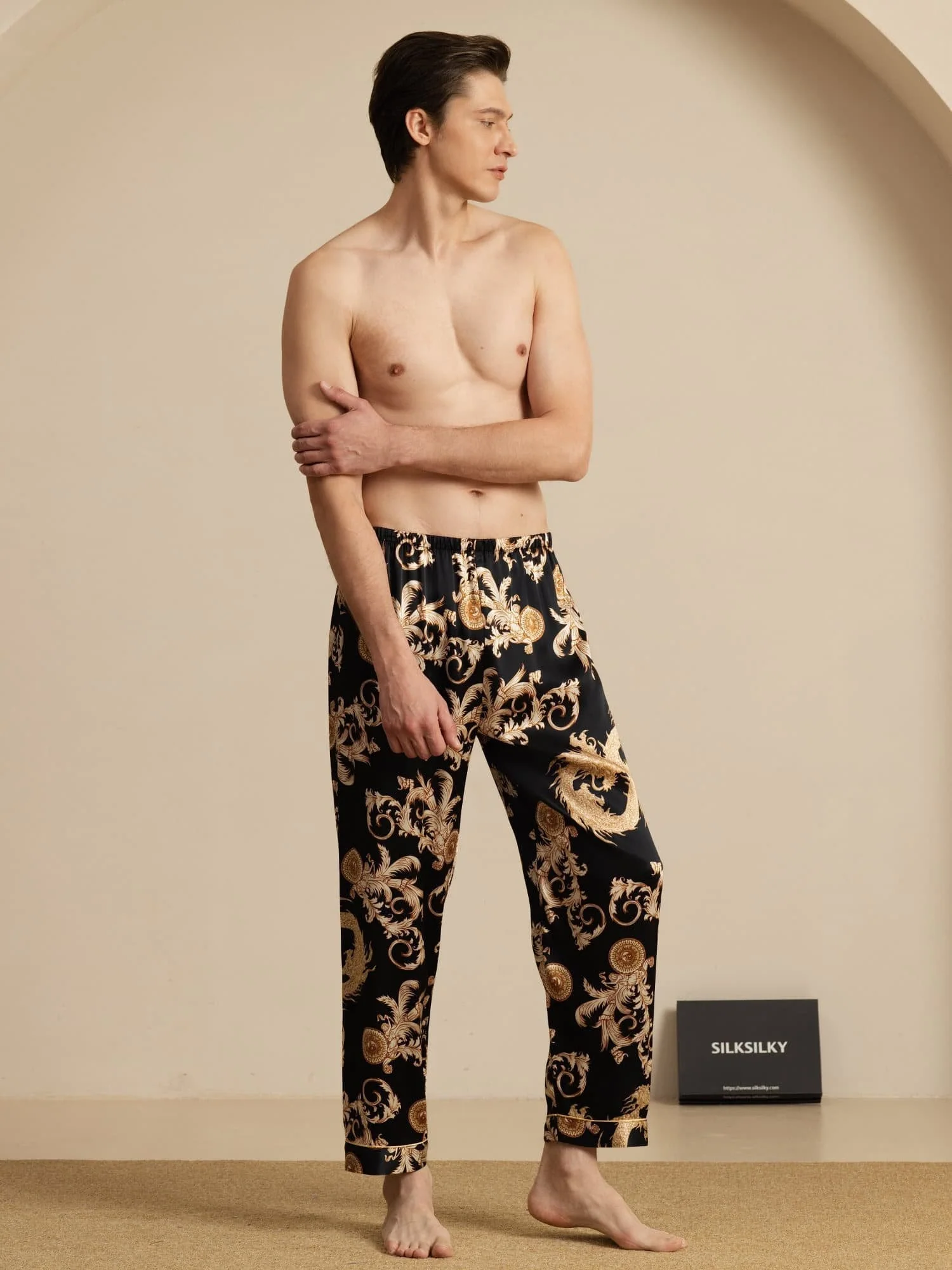 Pantalones De Dormir Para Hombres En Seda Pura Con Estampado De Dragón Y Cintura Elástica - Image 12