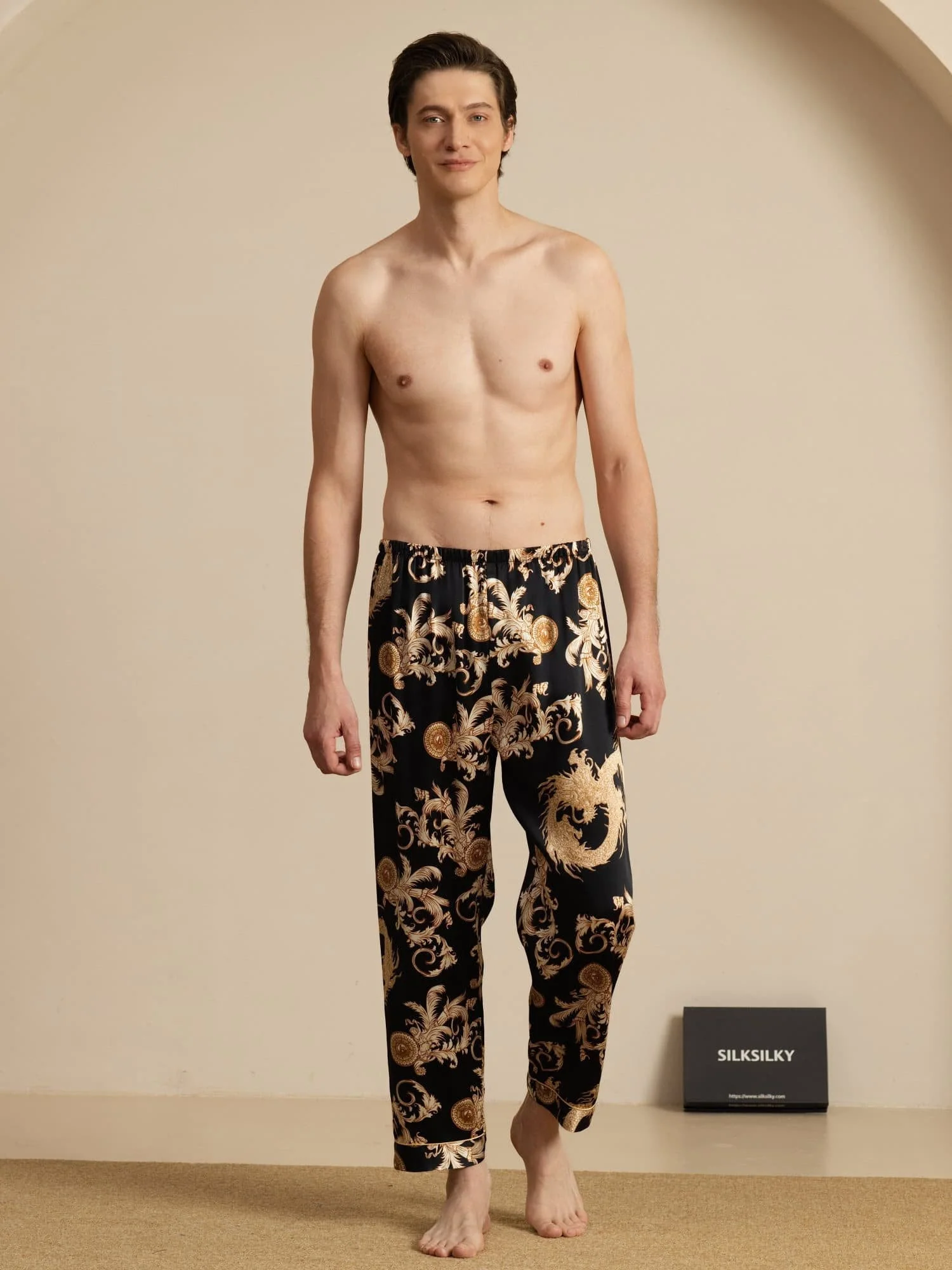 Pantalones De Dormir Para Hombres En Seda Pura Con Estampado De Dragón Y Cintura Elástica - Image 13