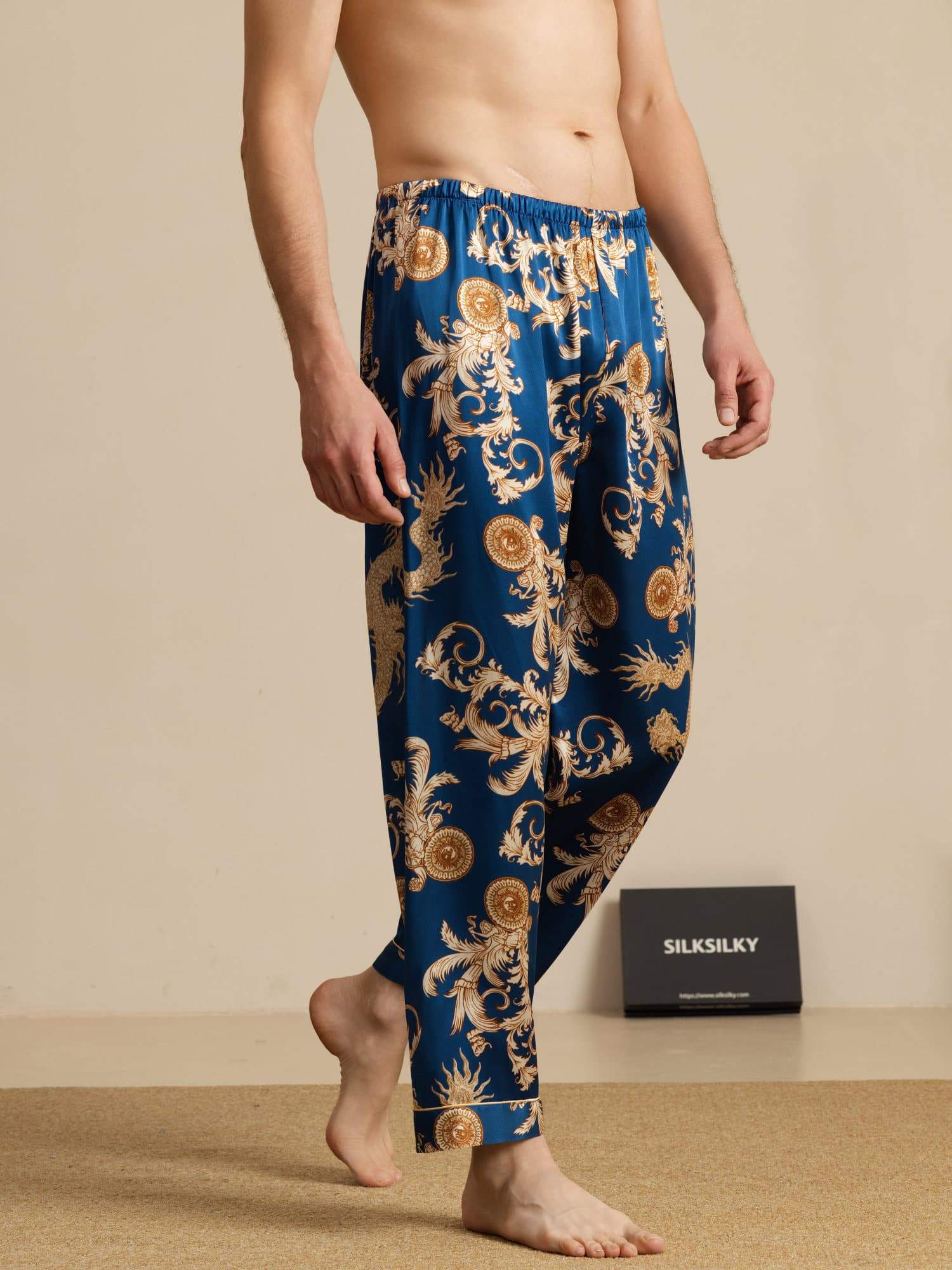 Pantalones De Dormir Para Hombres En Seda Pura Con Estampado De Dragón Y Cintura Elástica - Image 3