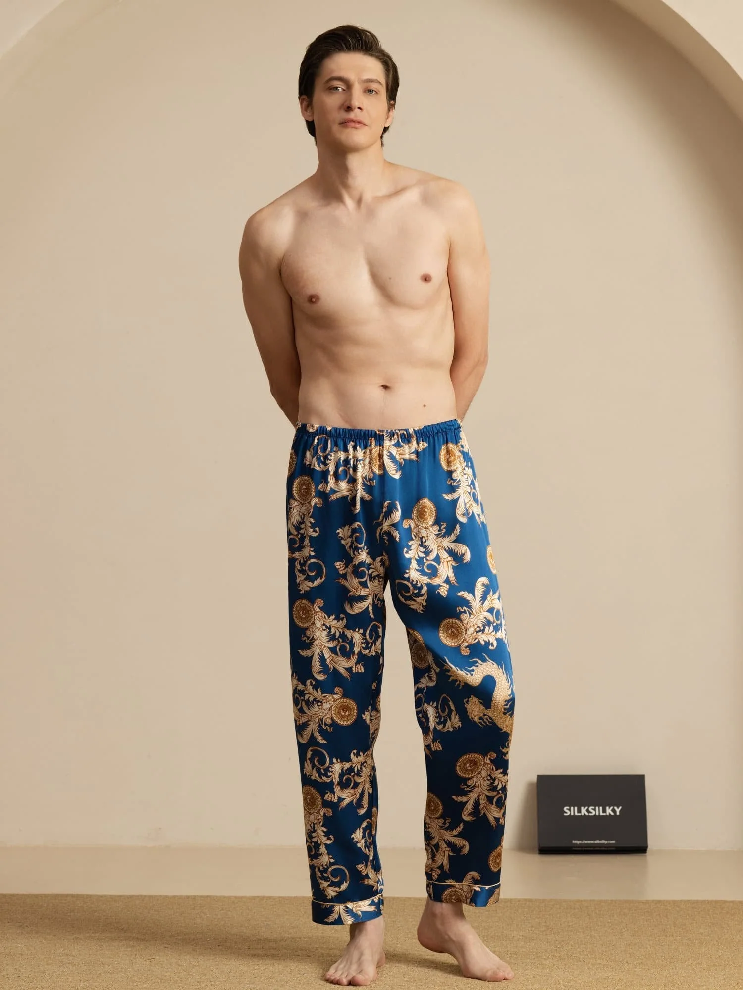 Pantalones De Dormir Para Hombres En Seda Pura Con Estampado De Dragón Y Cintura Elástica - Image 5