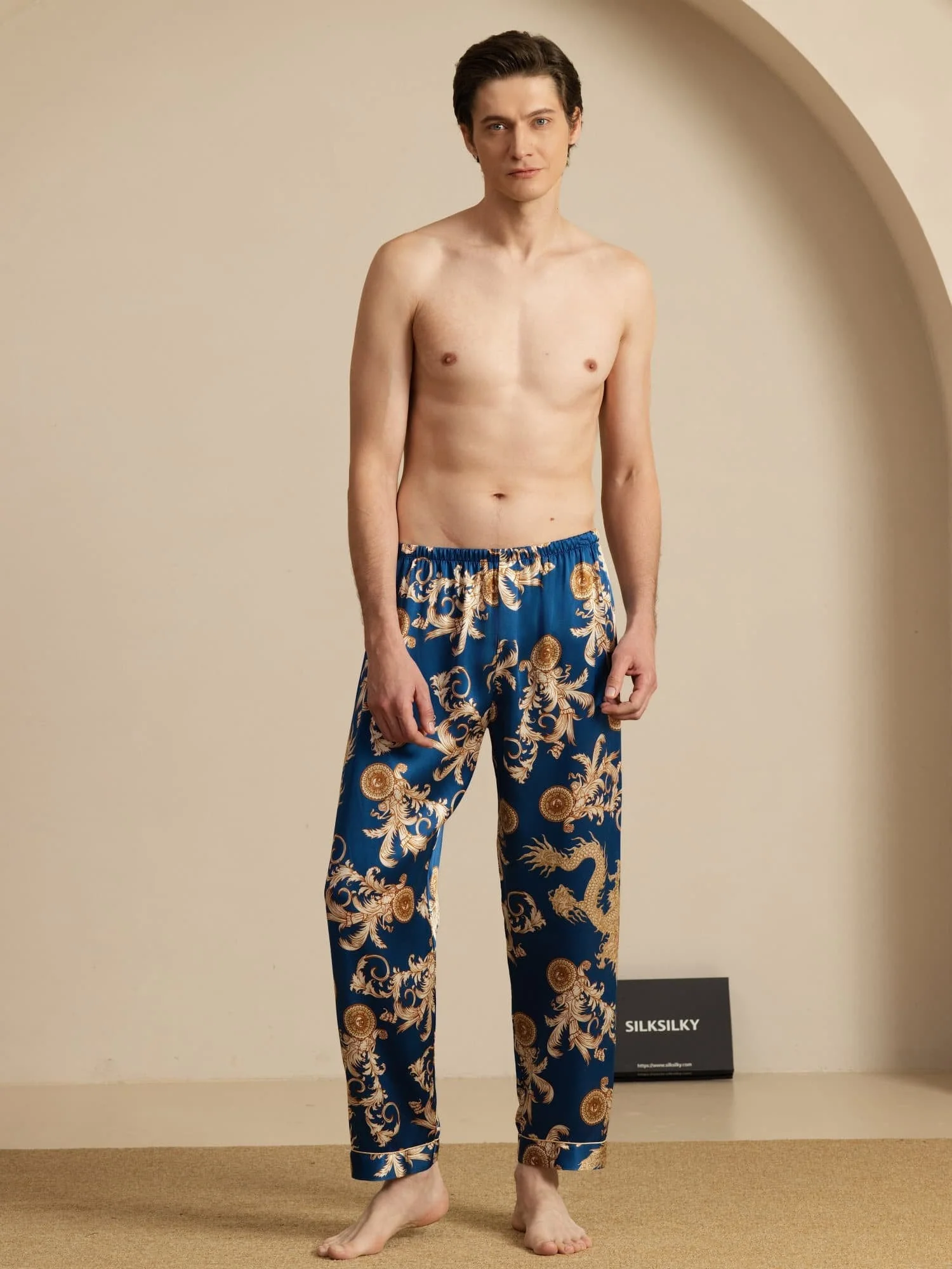 Pantalones De Dormir Para Hombres En Seda Pura Con Estampado De Dragón Y Cintura Elástica - Image 6