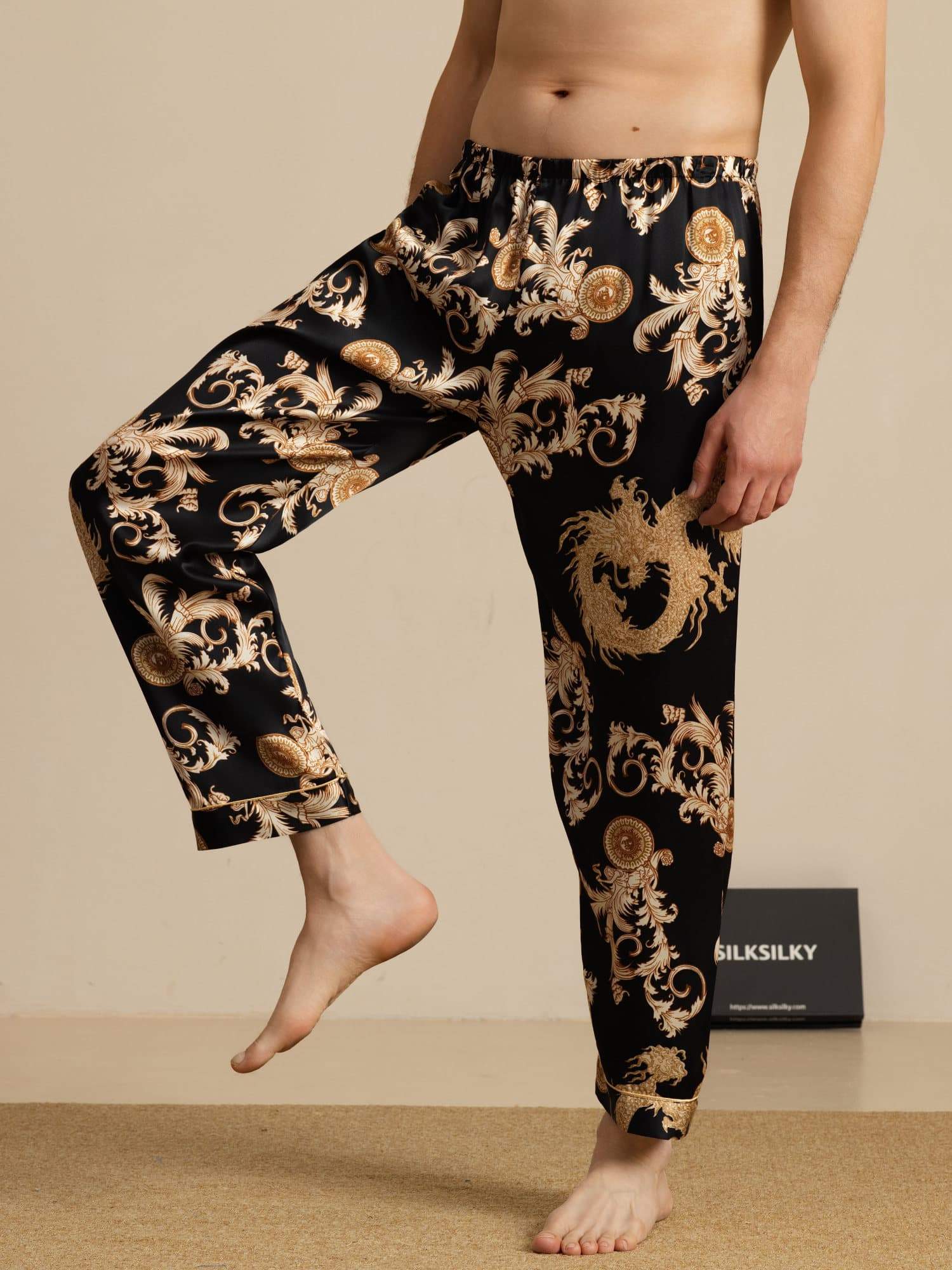 Pantalones De Dormir Para Hombres En Seda Pura Con Estampado De Dragón Y Cintura Elástica - Image 7