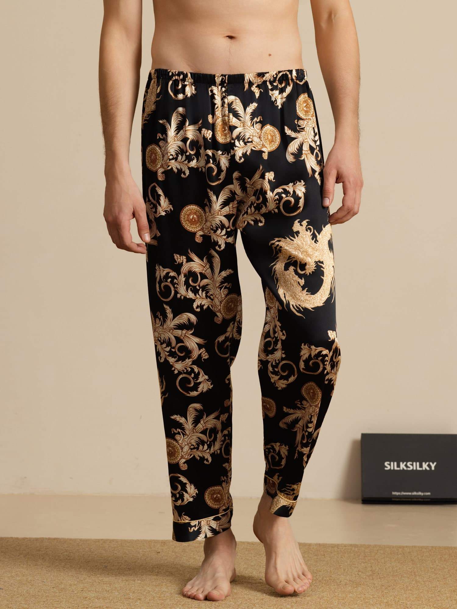 Pantalones De Dormir Para Hombres En Seda Pura Con Estampado De Dragón Y Cintura Elástica - Image 8