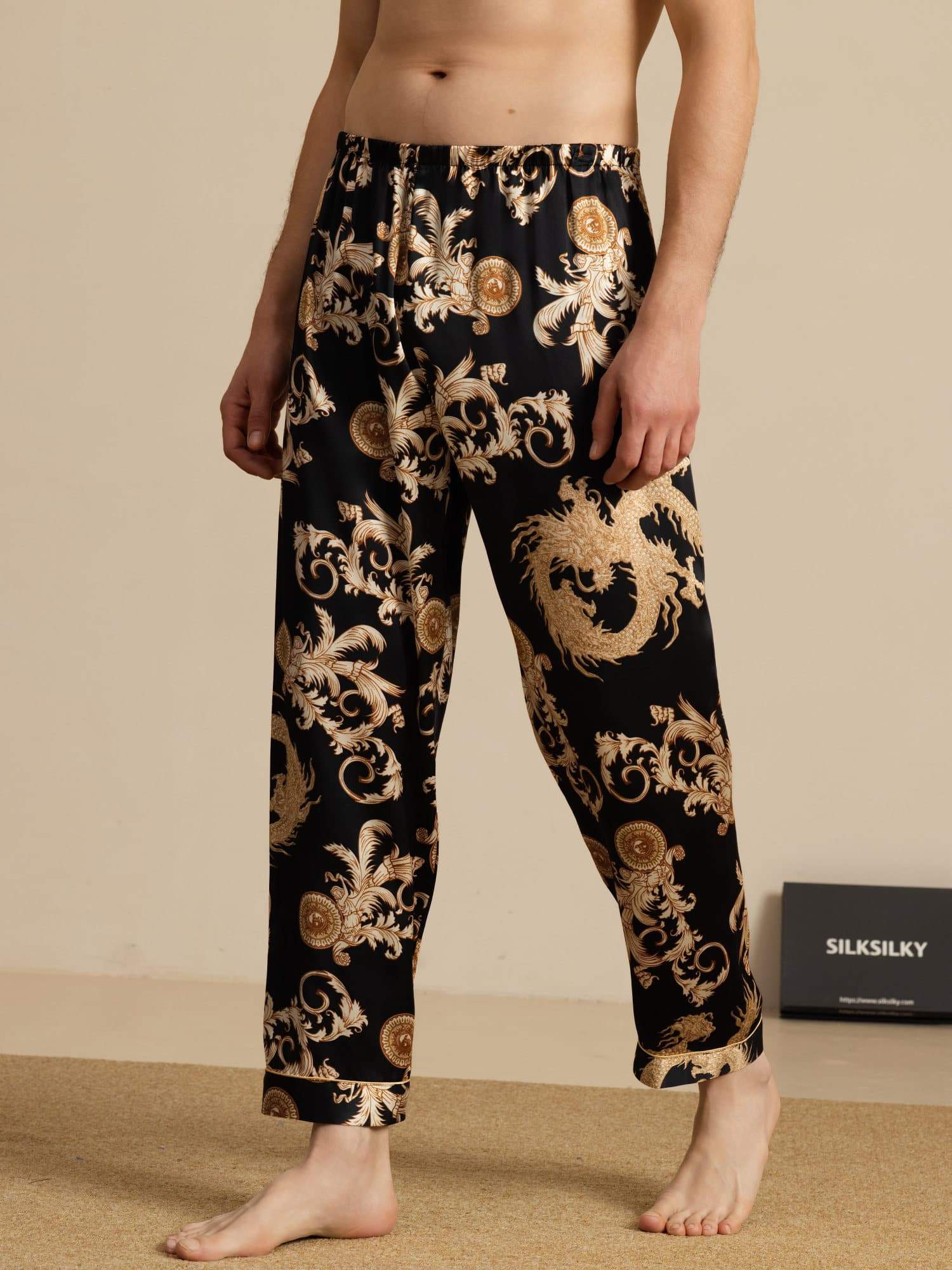 Pantalones De Dormir Para Hombres En Seda Pura Con Estampado De Dragón Y Cintura Elástica - Image 9