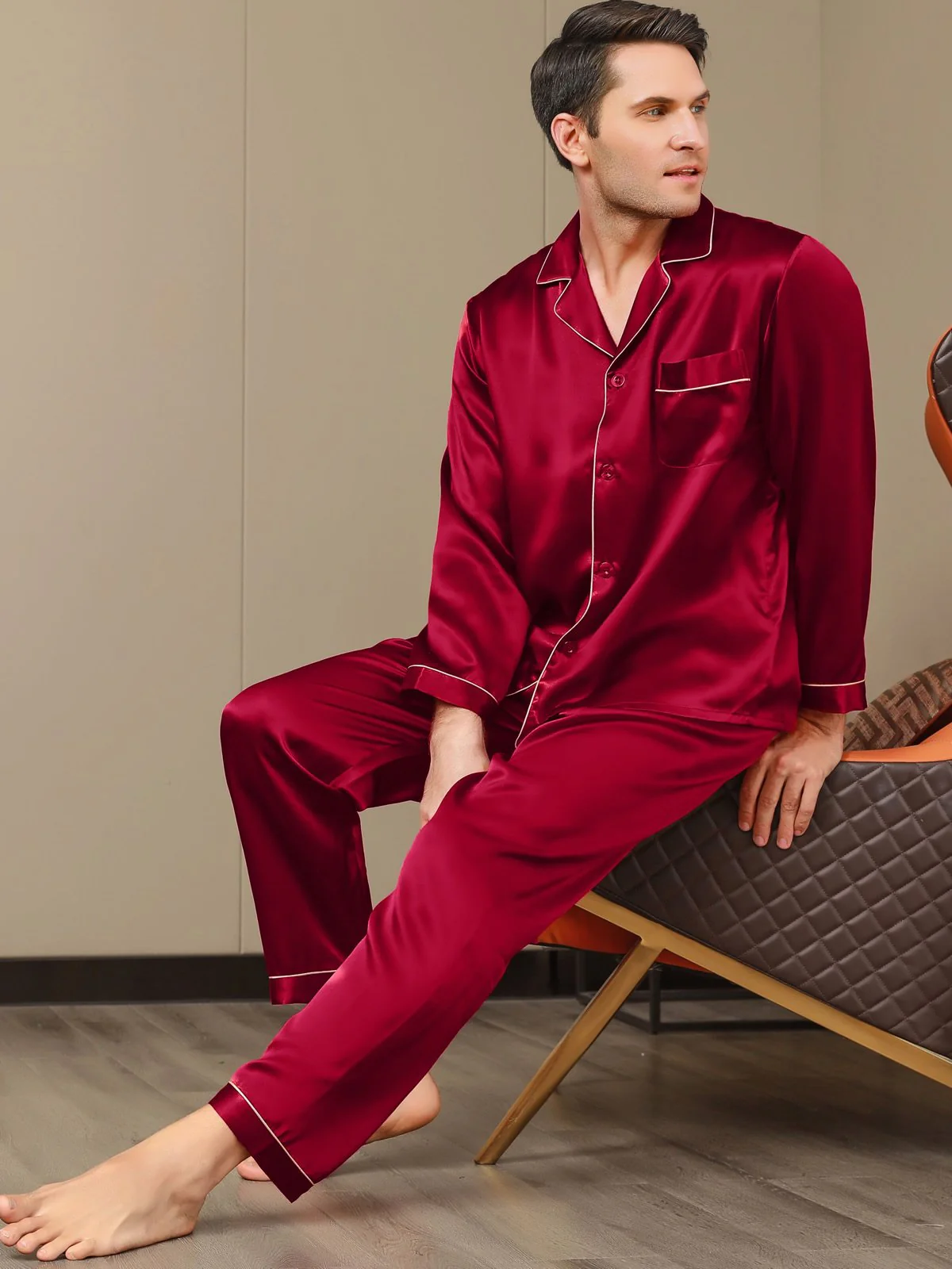 Pijama De Hombre De Pura Seda Con Mangas Largas - Image 17