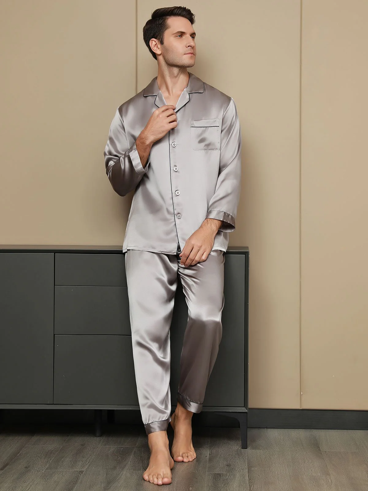 Pijama De Hombre De Pura Seda Con Mangas Largas - Image 39