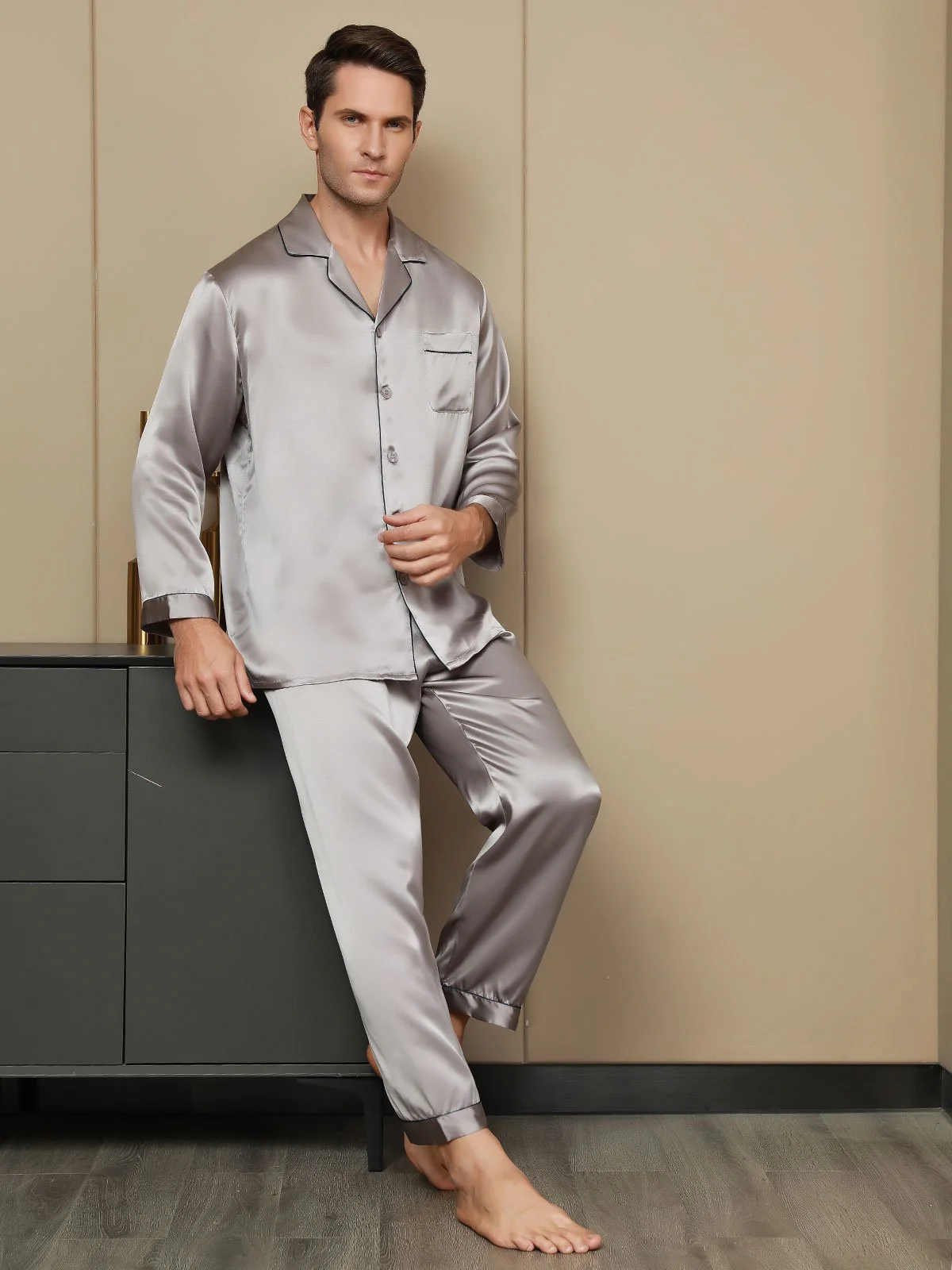 Pijama De Hombre De Pura Seda Con Mangas Largas - Image 41