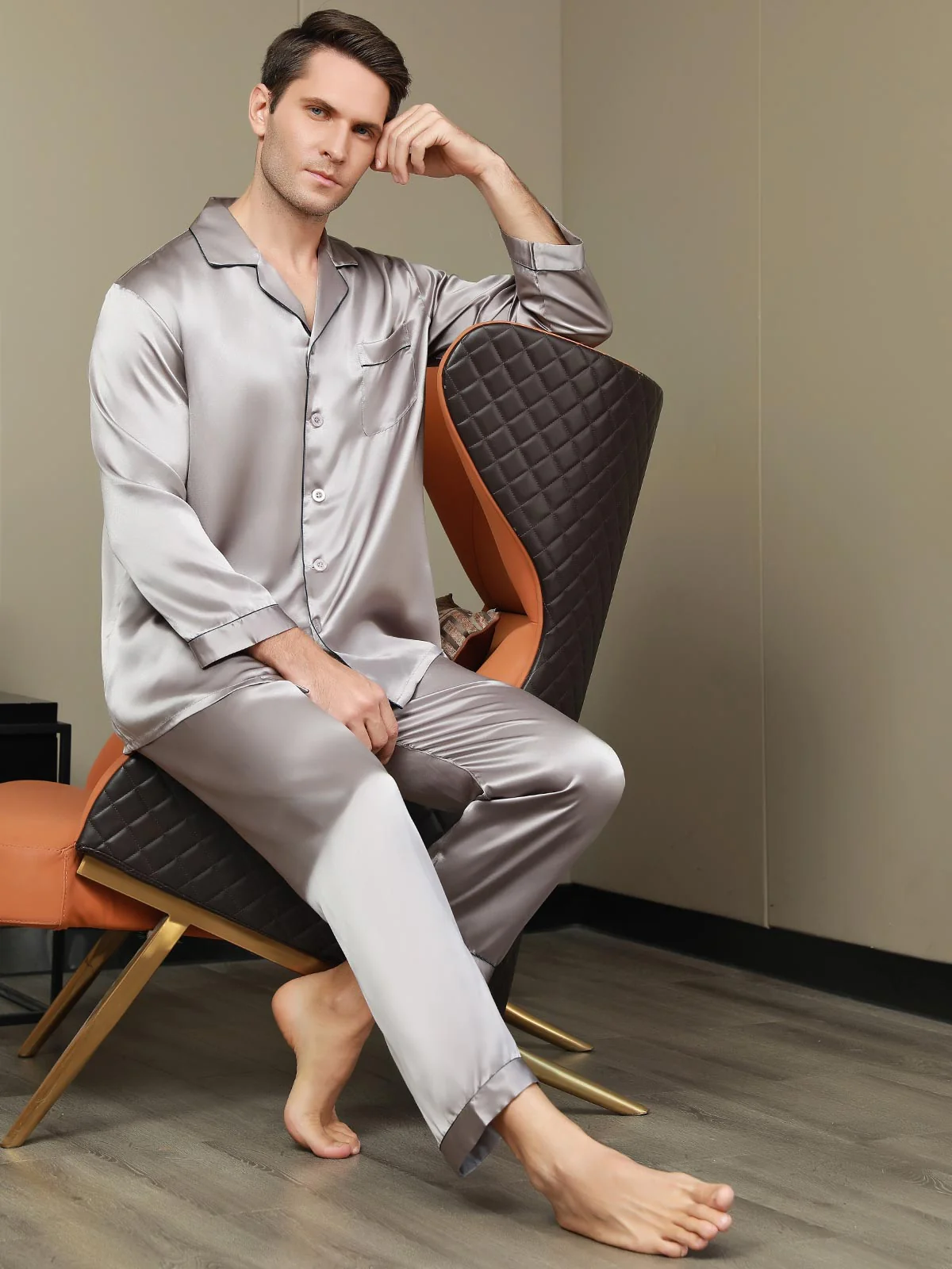 Pijama De Hombre De Pura Seda Con Mangas Largas - Image 42