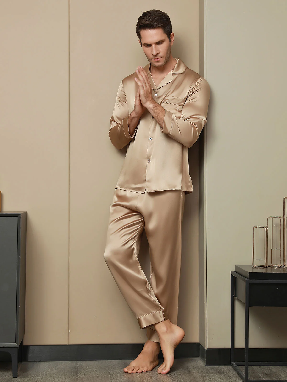 Pijama De Hombre De Pura Seda Con Mangas Largas Y Cuello Solapa - Image 10