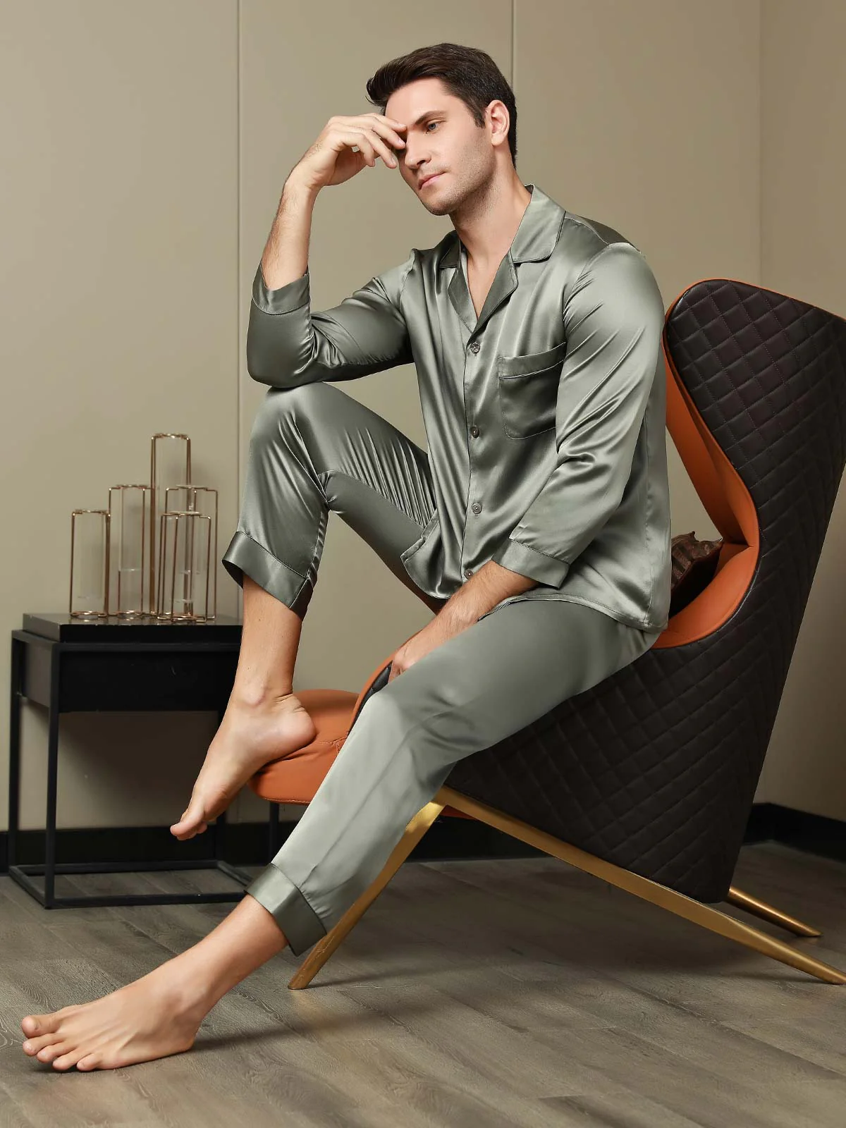 Pijama De Hombre De Pura Seda Con Mangas Largas Y Cuello Solapa - Image 5