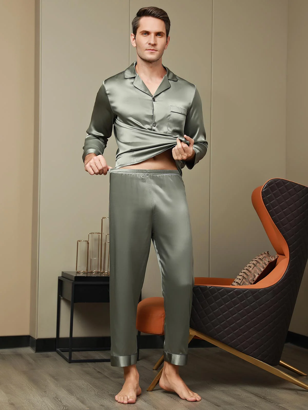 Pijama De Hombre De Pura Seda Con Mangas Largas Y Cuello Solapa - Image 7
