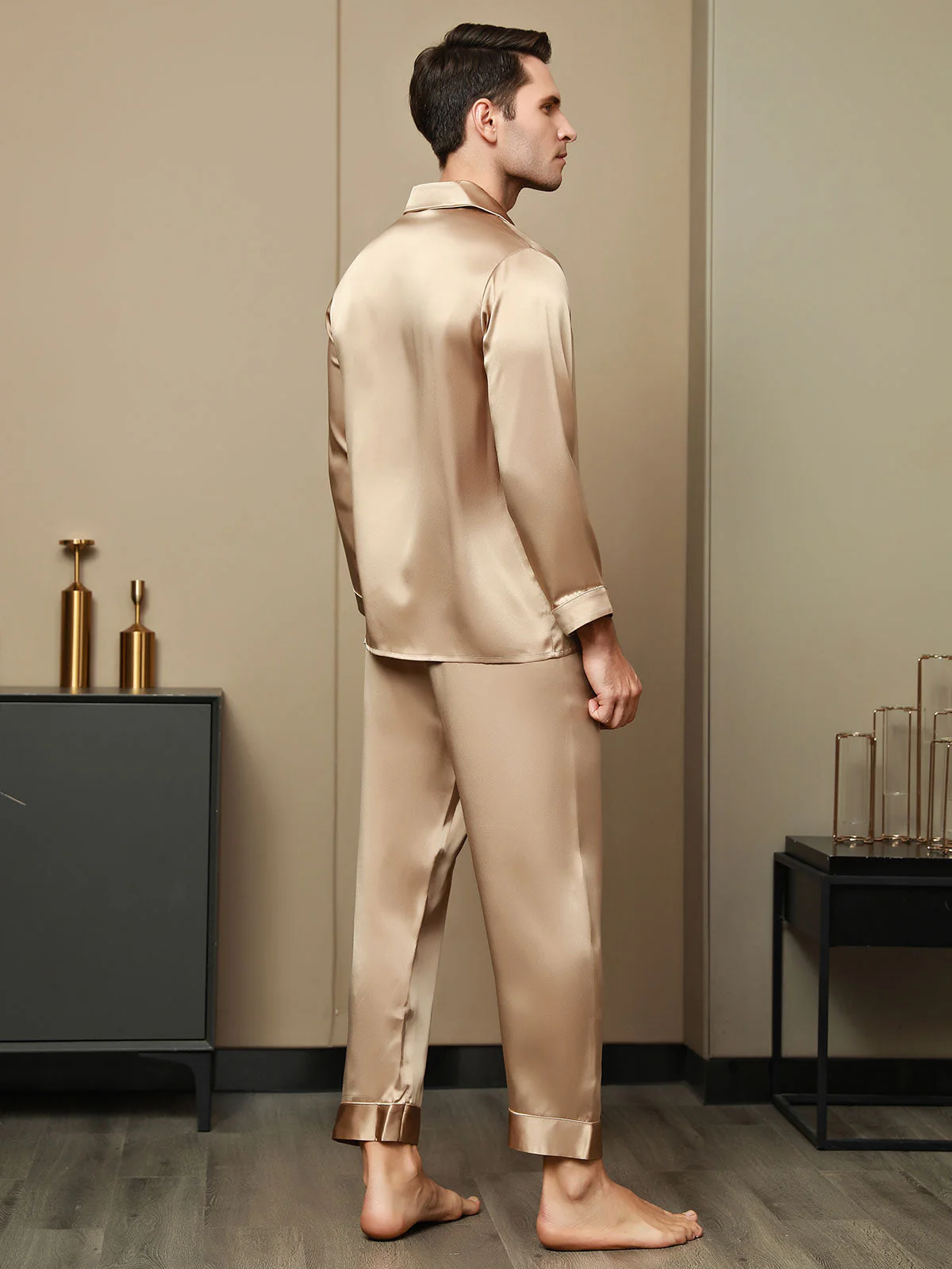 Pijama De Hombre De Pura Seda Con Mangas Largas Y Cuello Solapa - Image 9