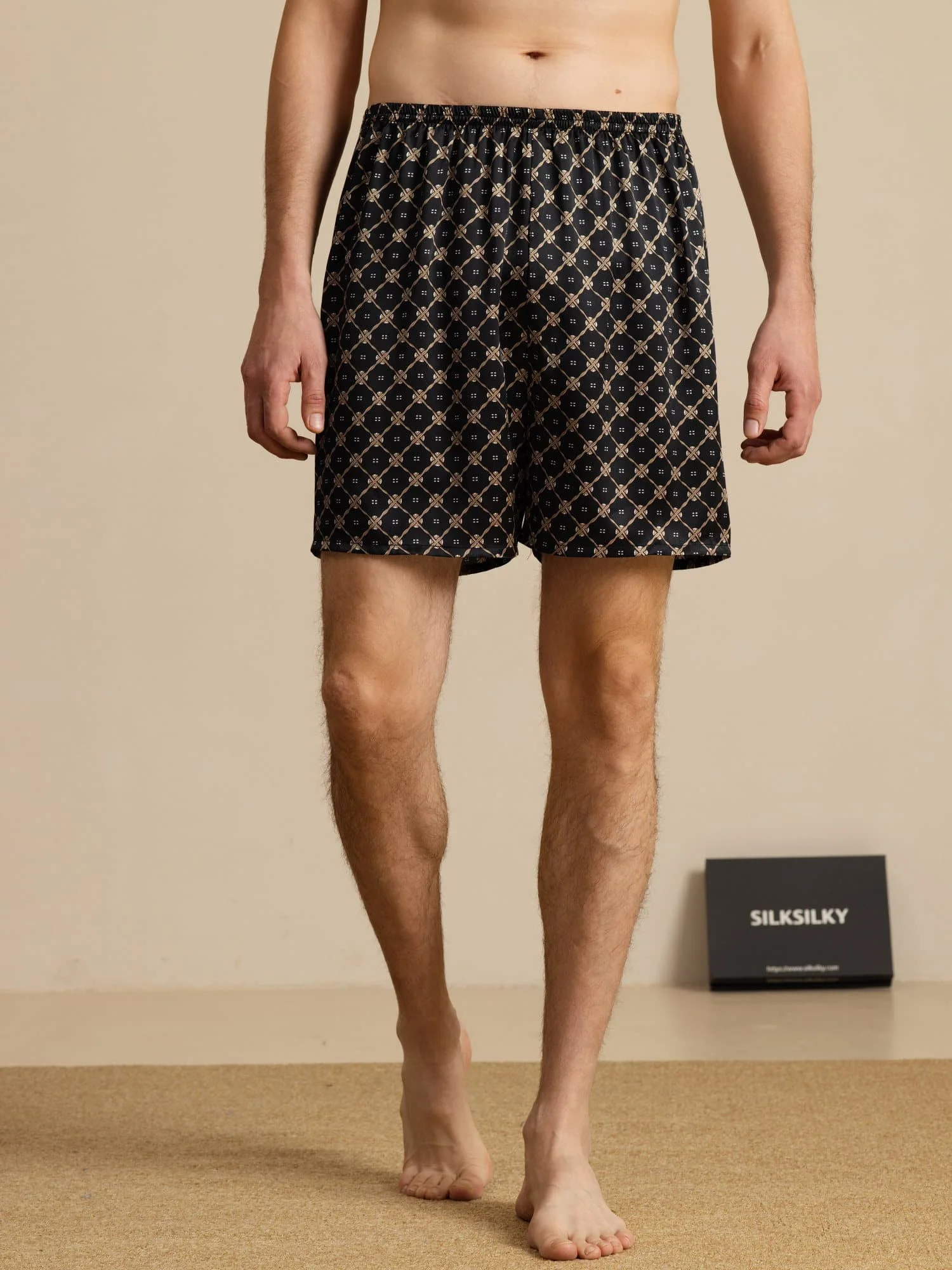Pantalones Cortos De Dormir Para Hombre Pure Silk Cadena Azul Marino Estampado Cintura Elástica - Image 11