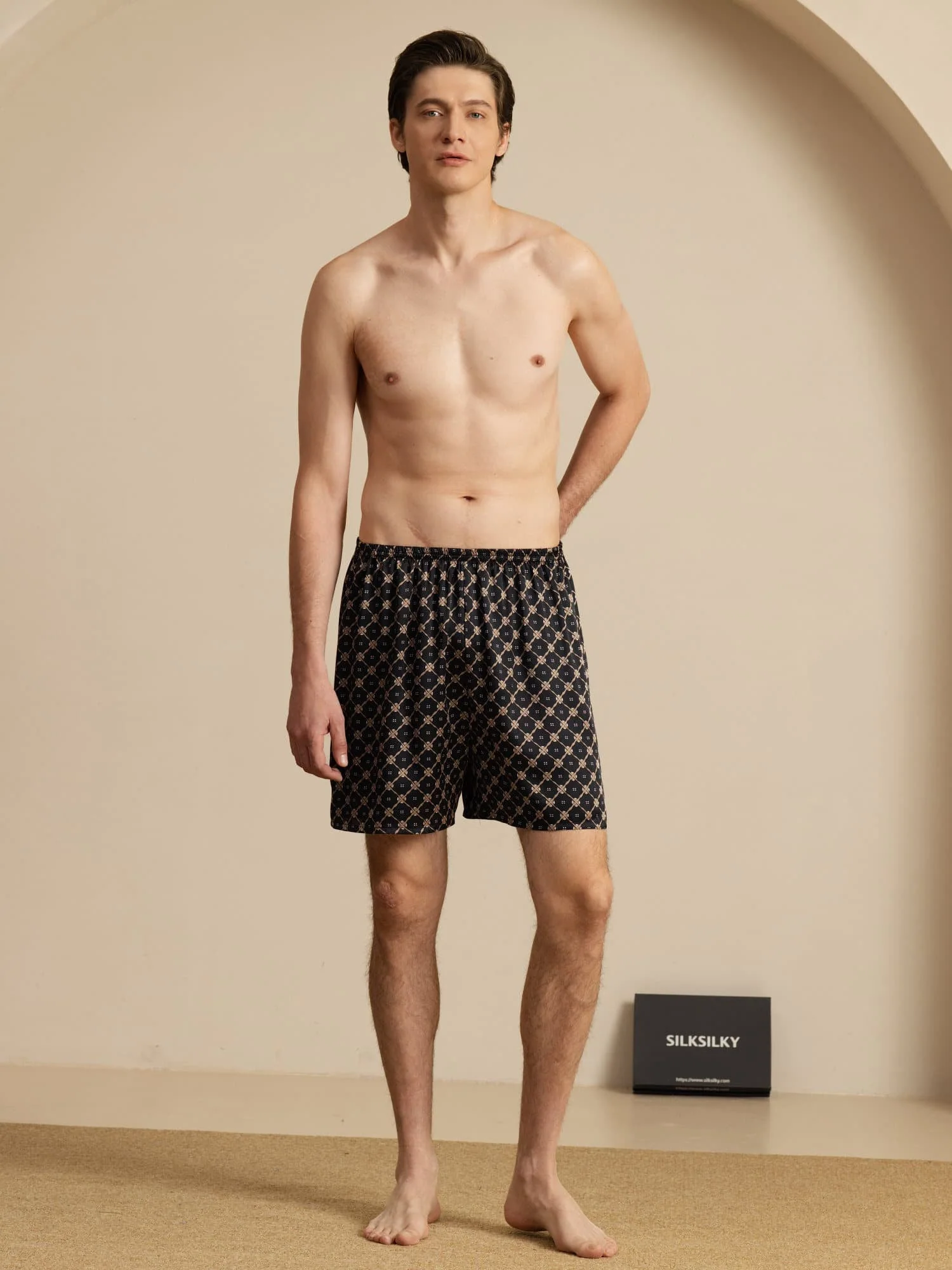 Pantalones Cortos De Dormir Para Hombre Pure Silk Cadena Azul Marino Estampado Cintura Elástica - Image 13