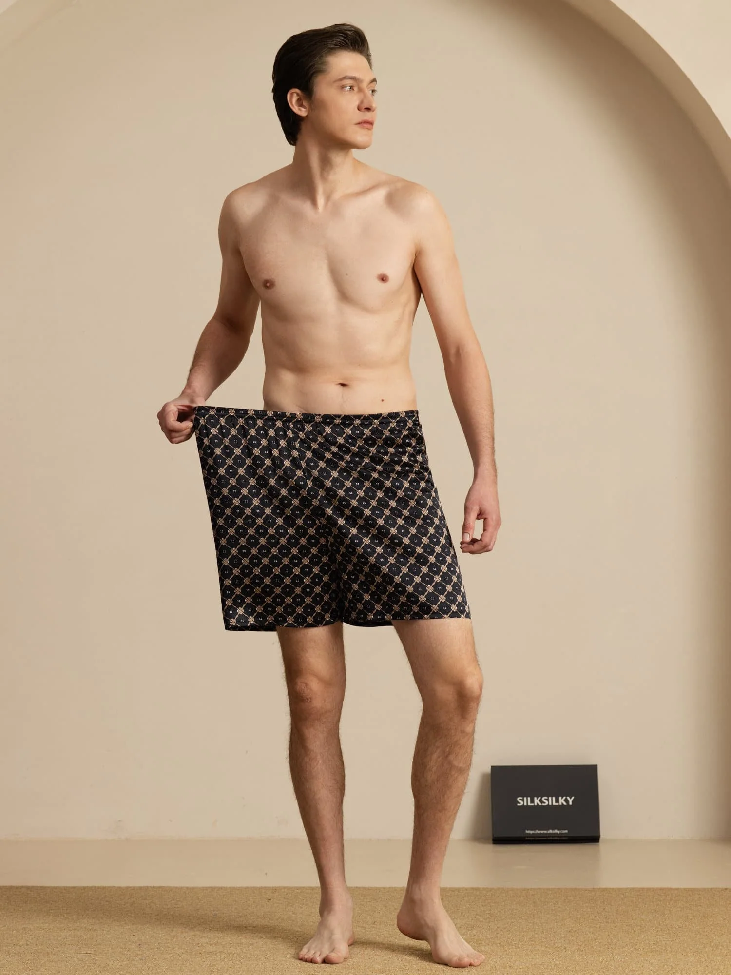 Pantalones Cortos De Dormir Para Hombre Pure Silk Cadena Azul Marino Estampado Cintura Elástica - Image 14