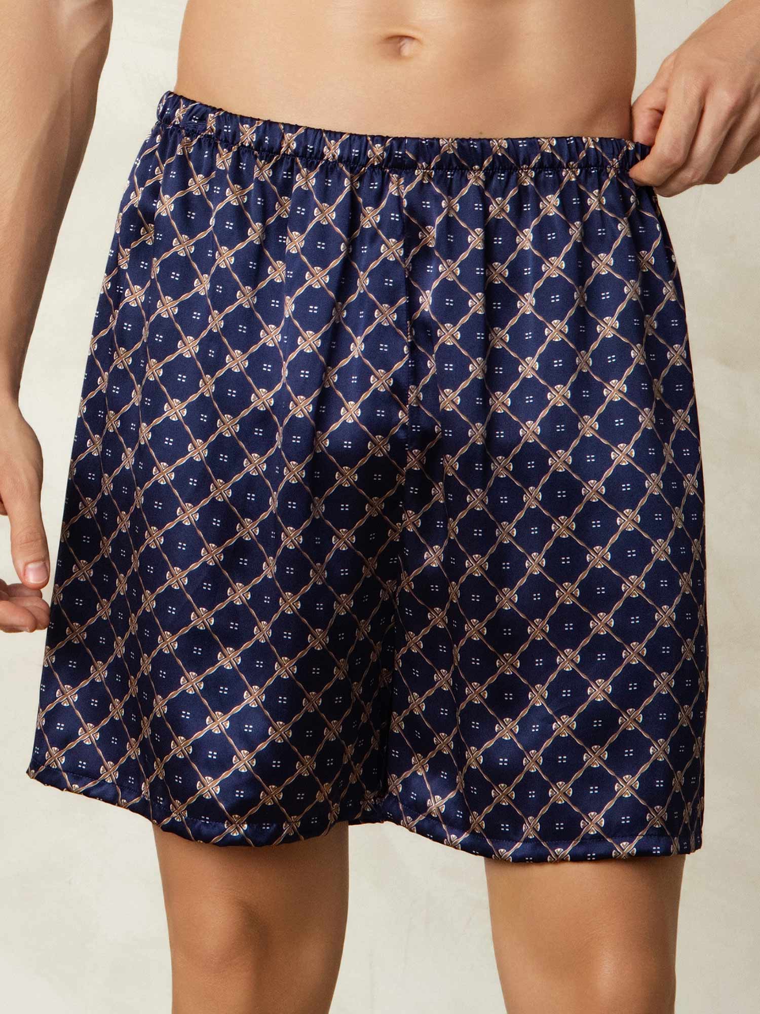 Pantalones Cortos De Dormir Para Hombre Pure Silk Cadena Azul Marino Estampado Cintura Elástica - Image 3