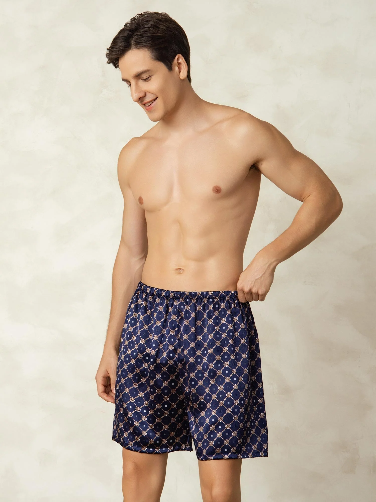 Pantalones Cortos De Dormir Para Hombre Pure Silk Cadena Azul Marino Estampado Cintura Elástica - Image 5