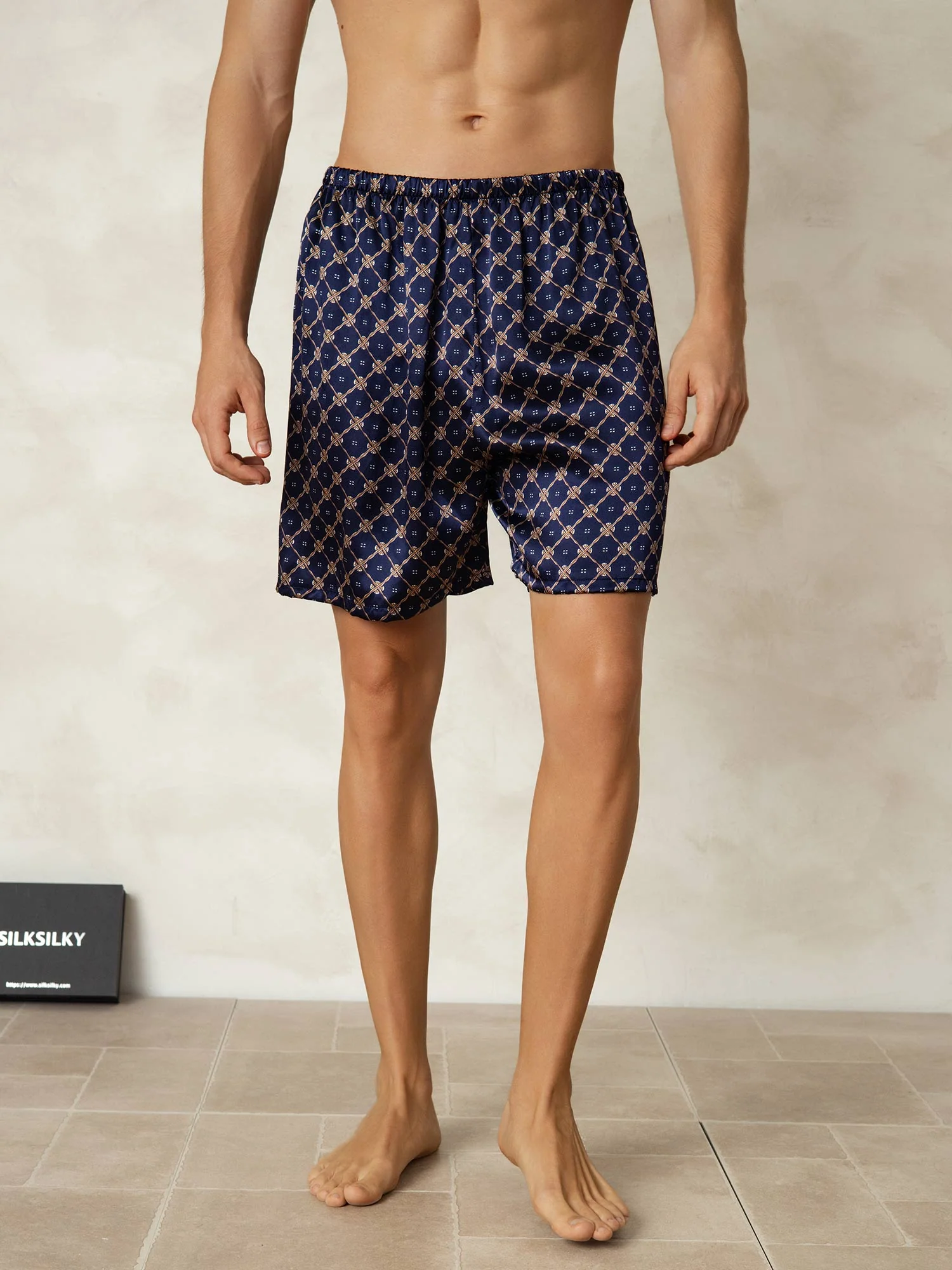 Pantalones Cortos De Dormir Para Hombre Pure Silk Cadena Azul Marino Estampado Cintura Elástica - Image 6
