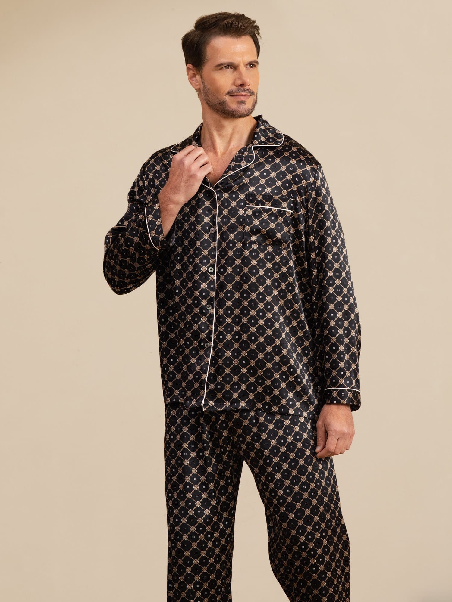 Conjunto De Pijama De Hombre De Seda Pura Con Estampado De Cadena Azul Marino Manga Larga Con Pantalón - Image 15
