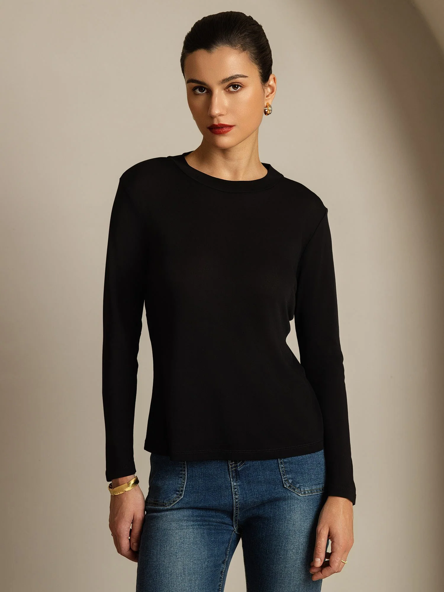 Top De Mujer De Pura Seda De Manga Larga Con Cuello Redondo - Image 10