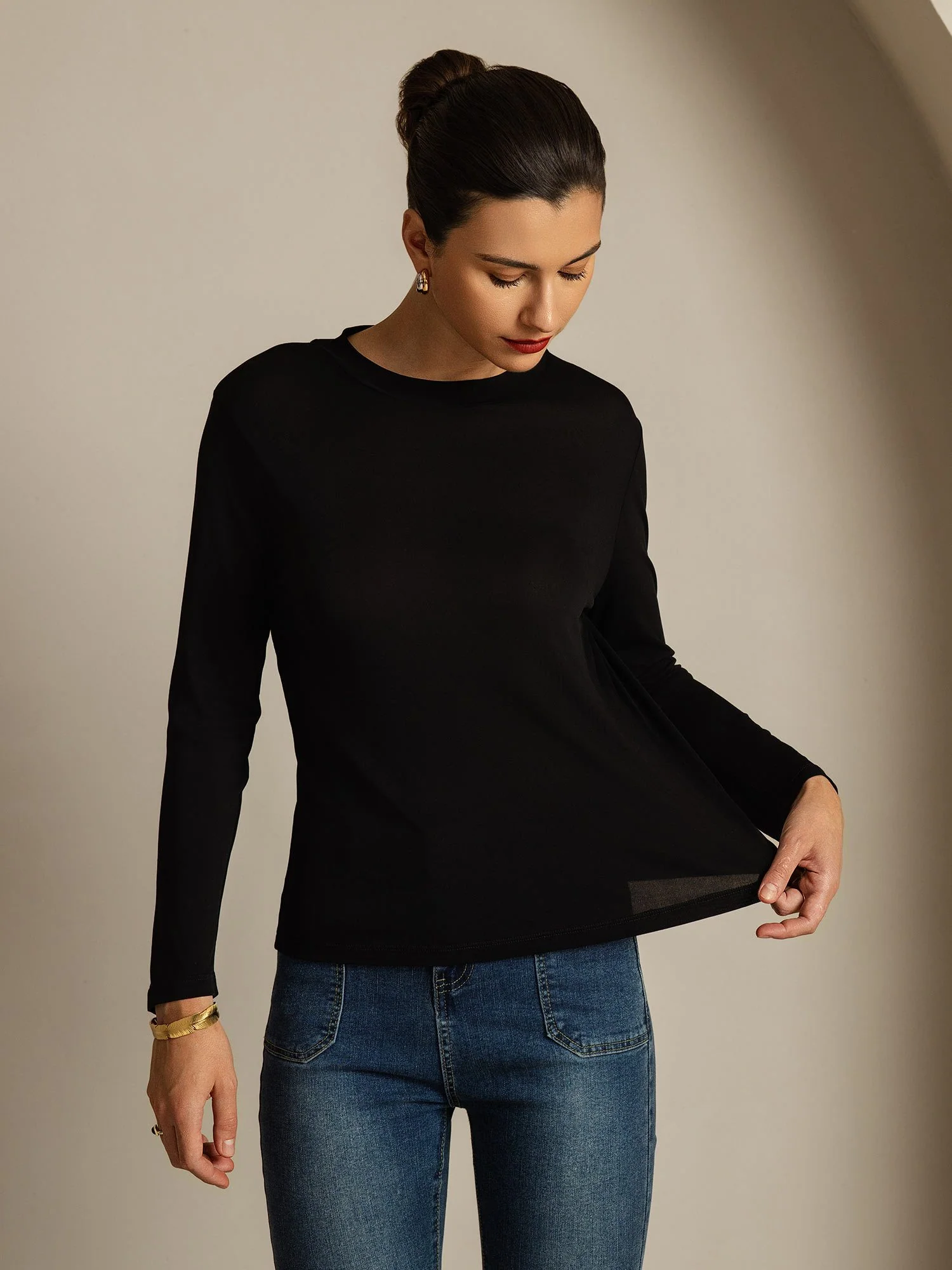 Top De Mujer De Pura Seda De Manga Larga Con Cuello Redondo - Image 12