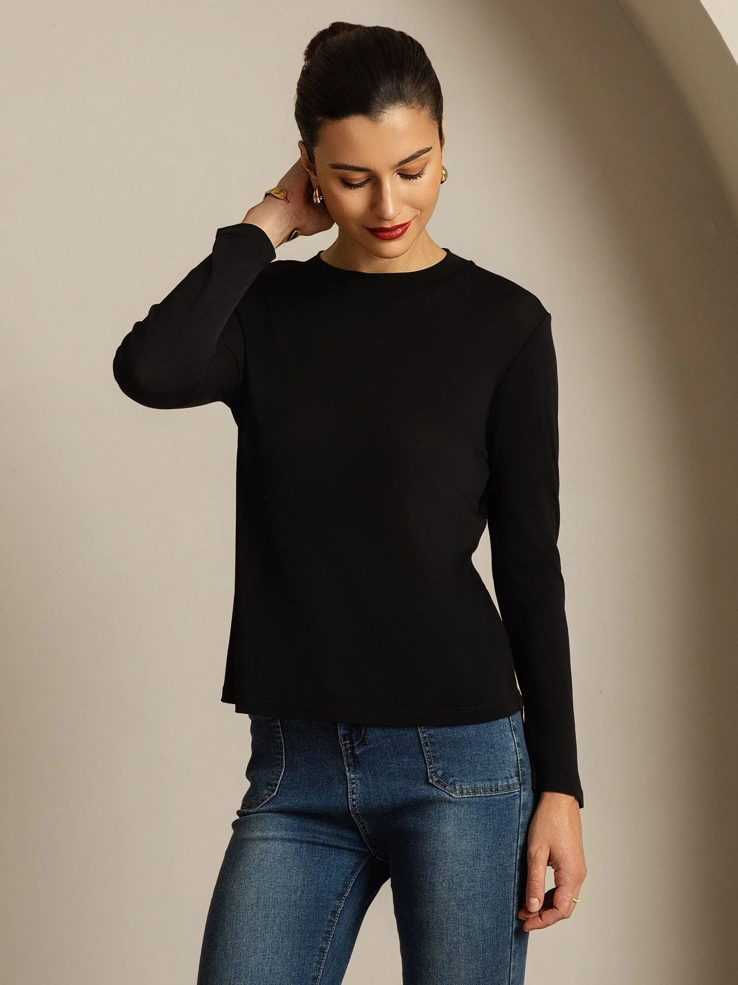 Top De Mujer De Pura Seda De Manga Larga Con Cuello Redondo - Image 15