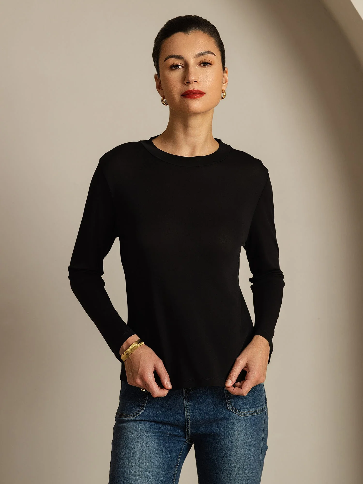 Top De Mujer De Pura Seda De Manga Larga Con Cuello Redondo - Image 16