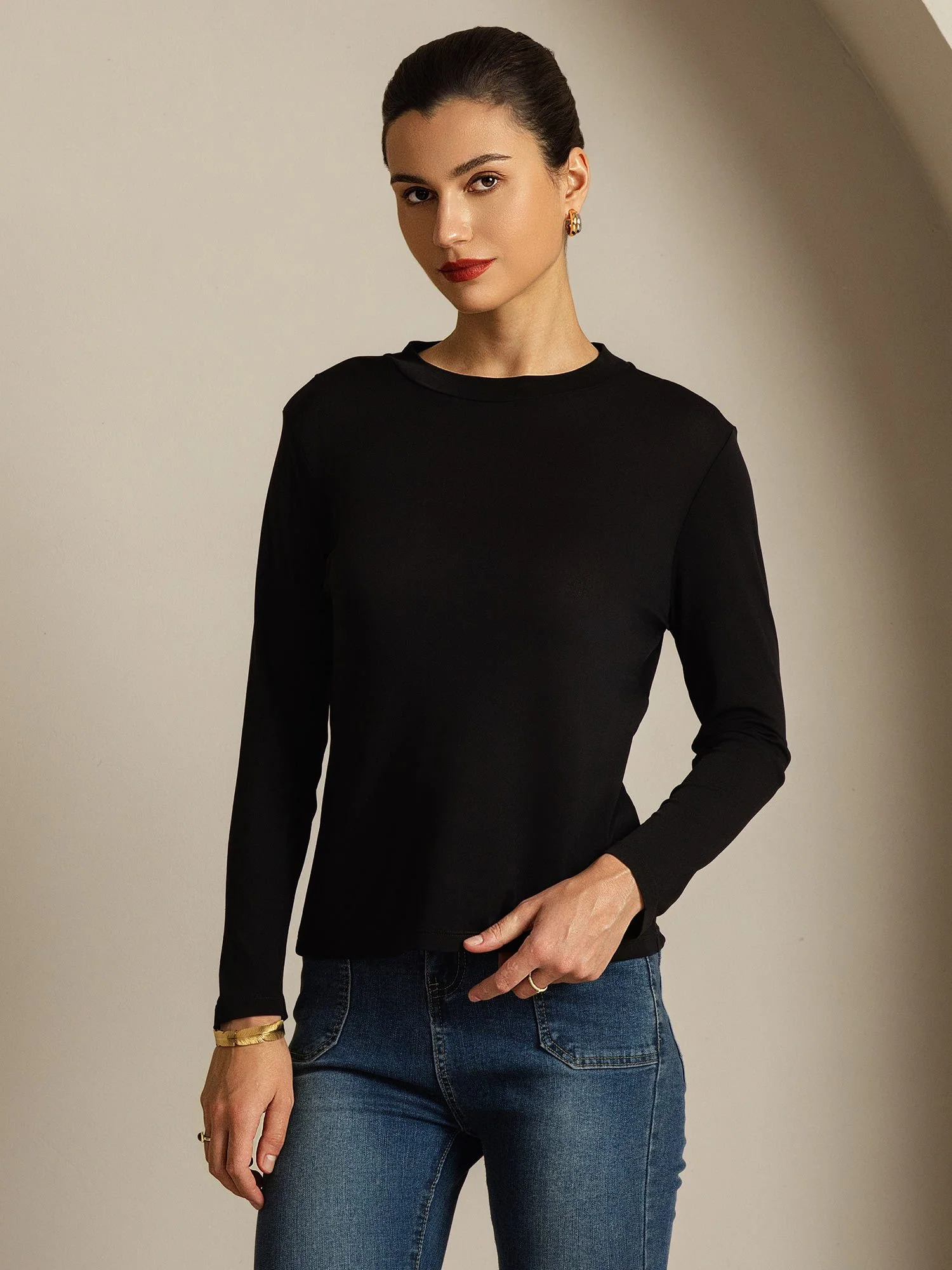 Top De Mujer De Pura Seda De Manga Larga Con Cuello Redondo - Image 17