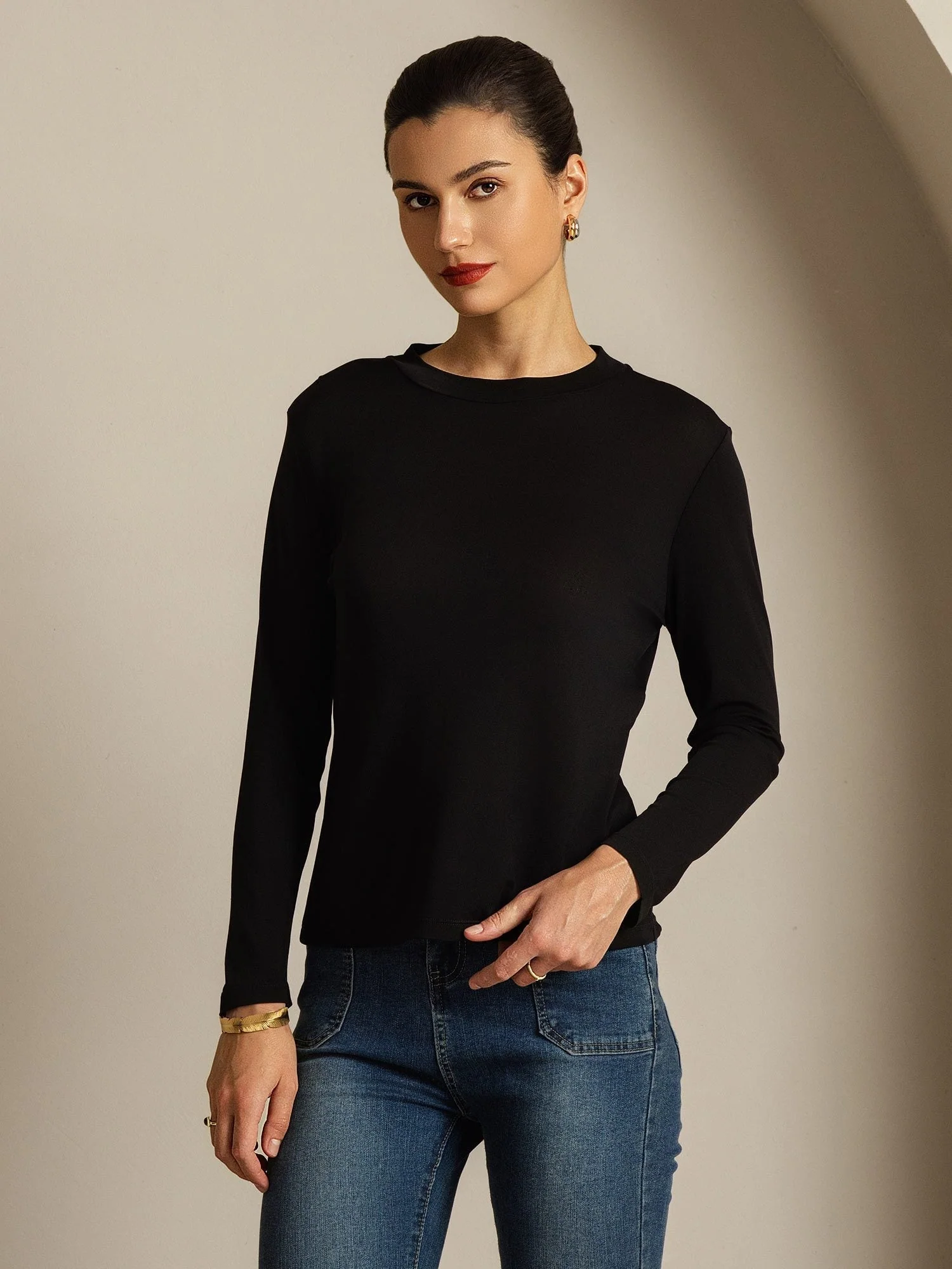Top De Mujer De Pura Seda De Manga Larga Con Cuello Redondo - Image 19