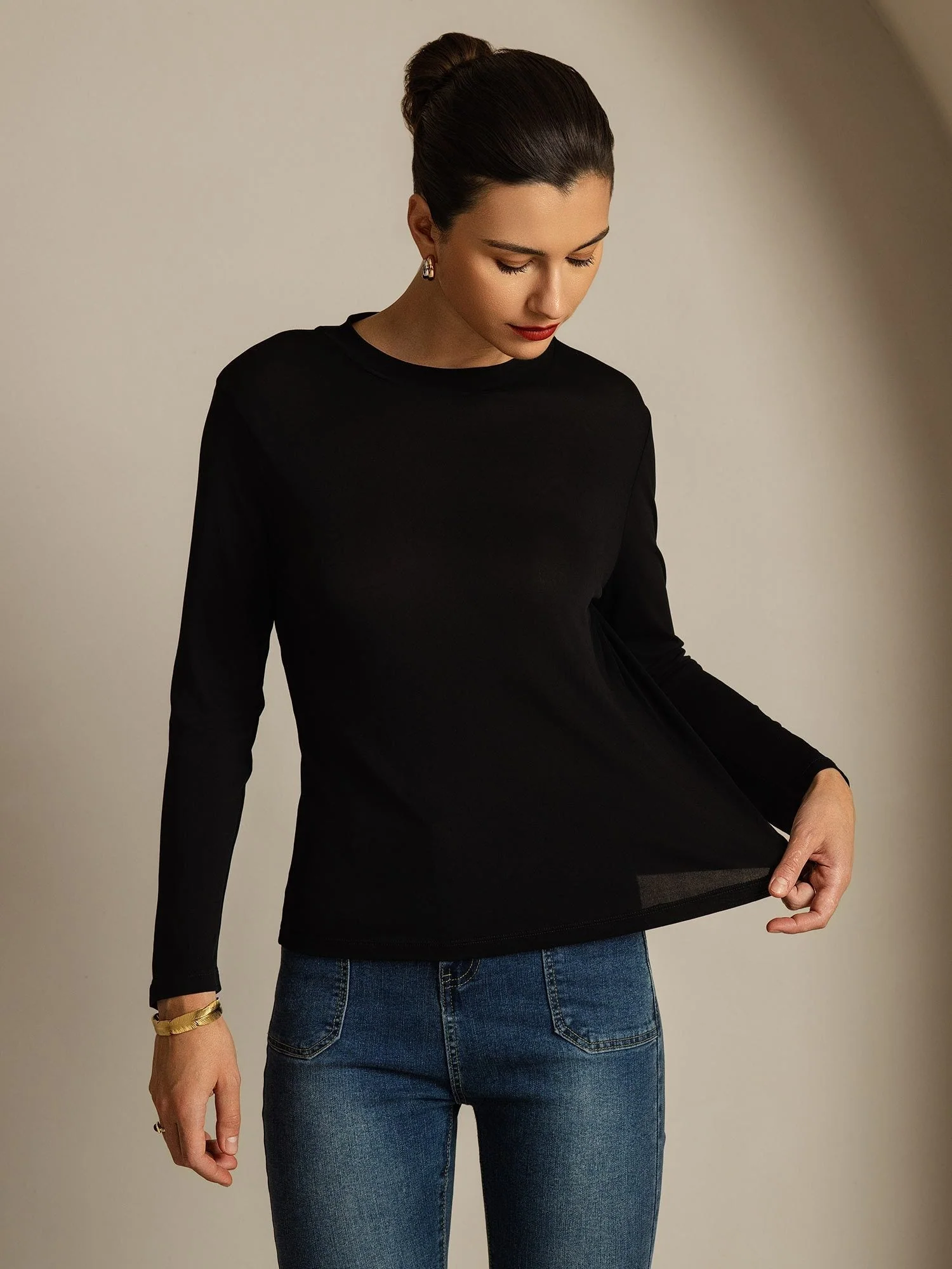 Top De Mujer De Pura Seda De Manga Larga Con Cuello Redondo - Image 21