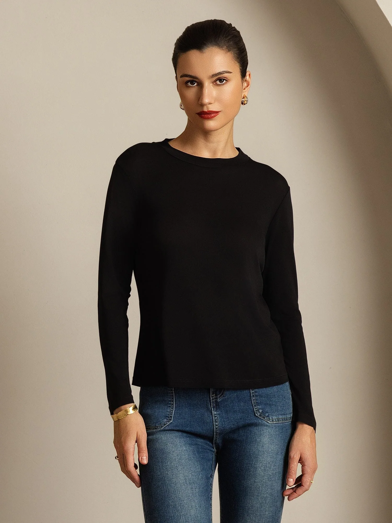 Top De Mujer De Pura Seda De Manga Larga Con Cuello Redondo - Image 23