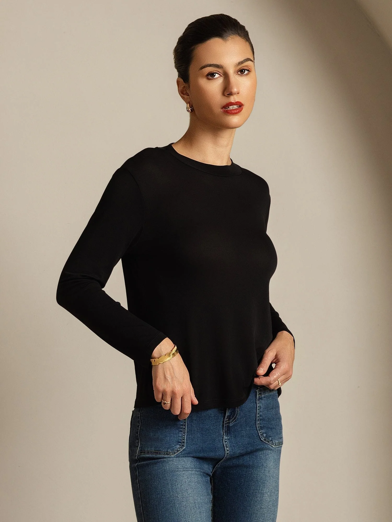Top De Mujer De Pura Seda De Manga Larga Con Cuello Redondo - Image 24