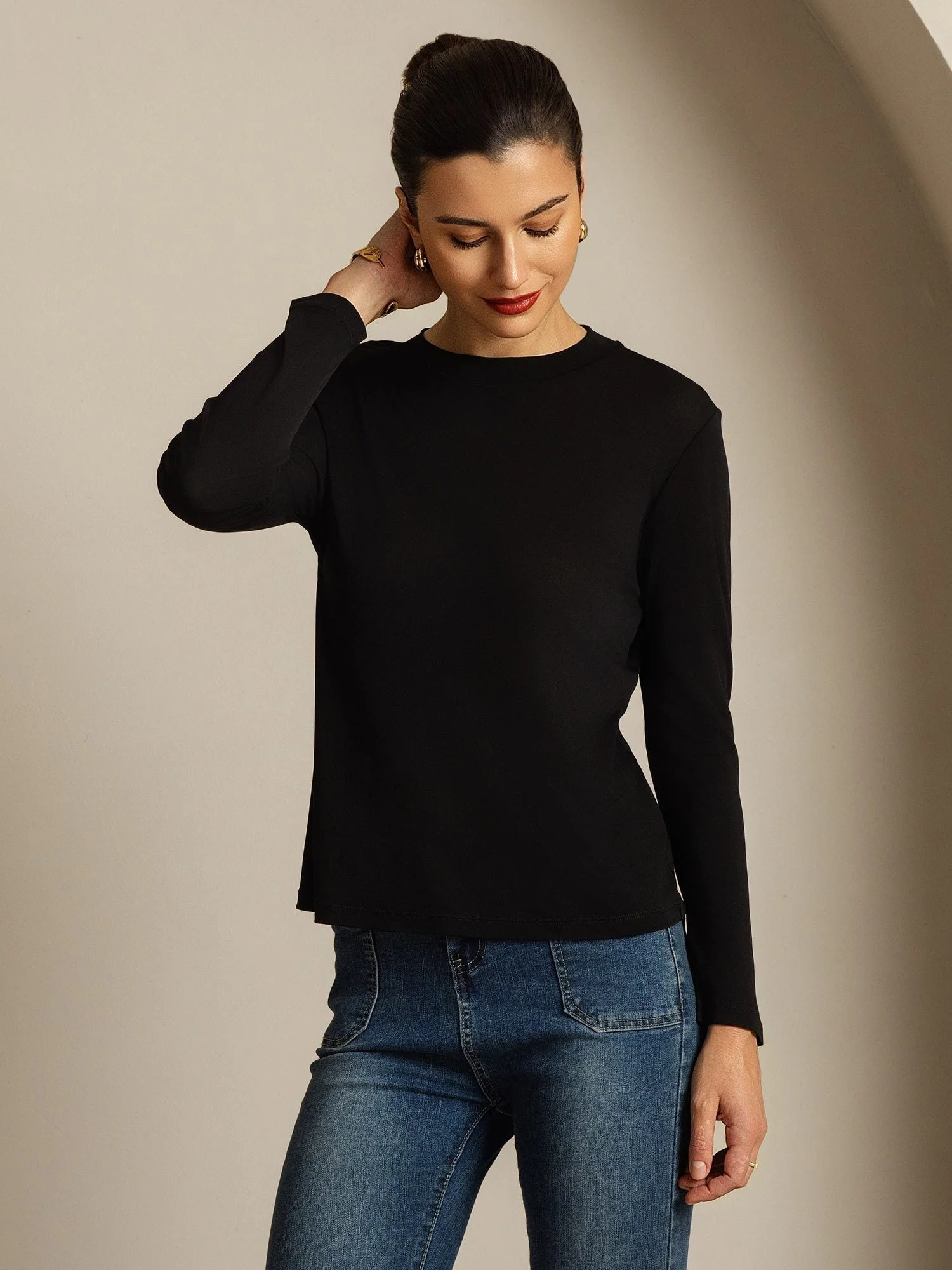 Top De Mujer De Pura Seda De Manga Larga Con Cuello Redondo - Image 25