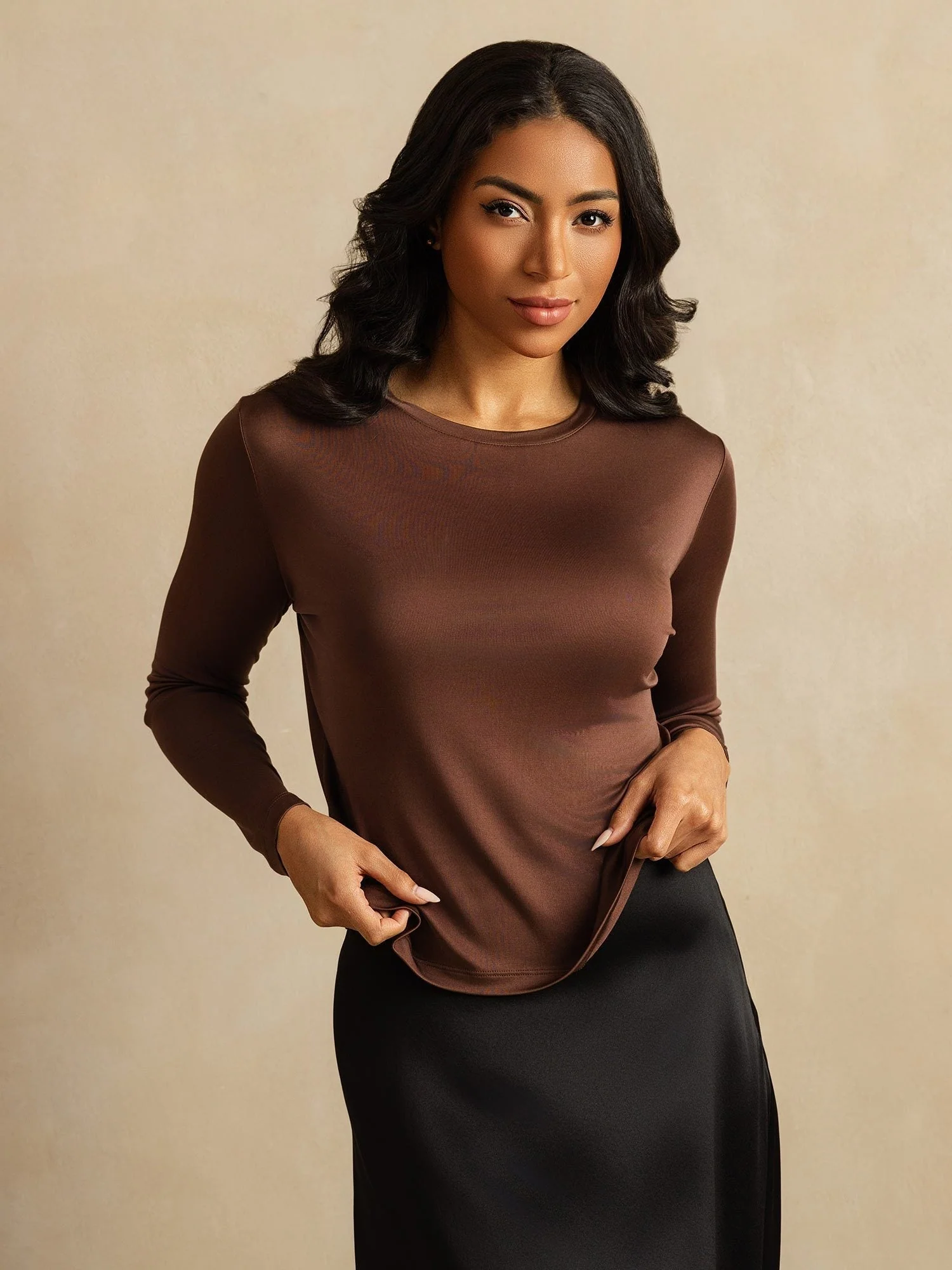 Top De Mujer De Pura Seda De Manga Larga Con Cuello Redondo - Image 6