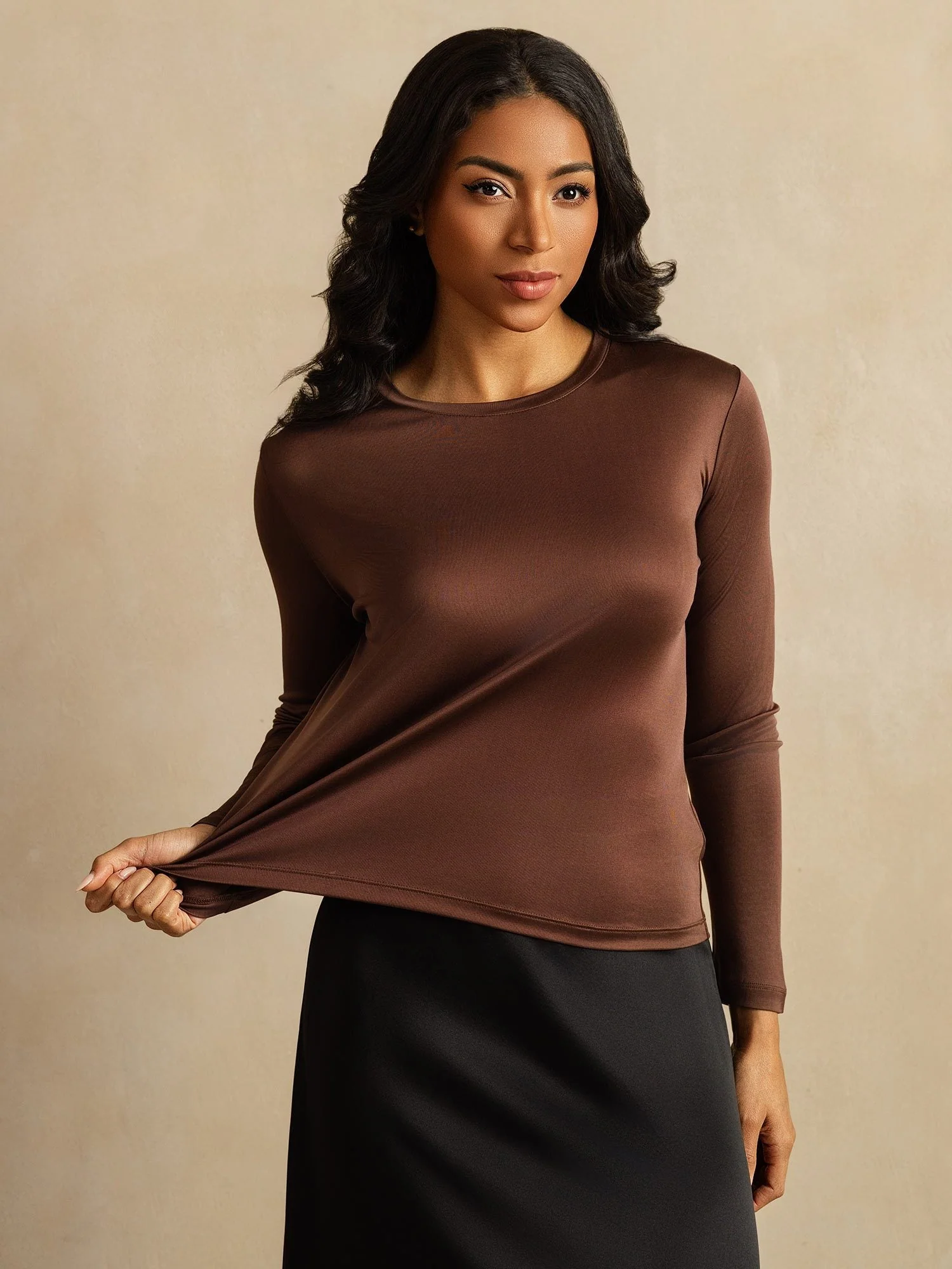 Top De Mujer De Pura Seda De Manga Larga Con Cuello Redondo - Image 7
