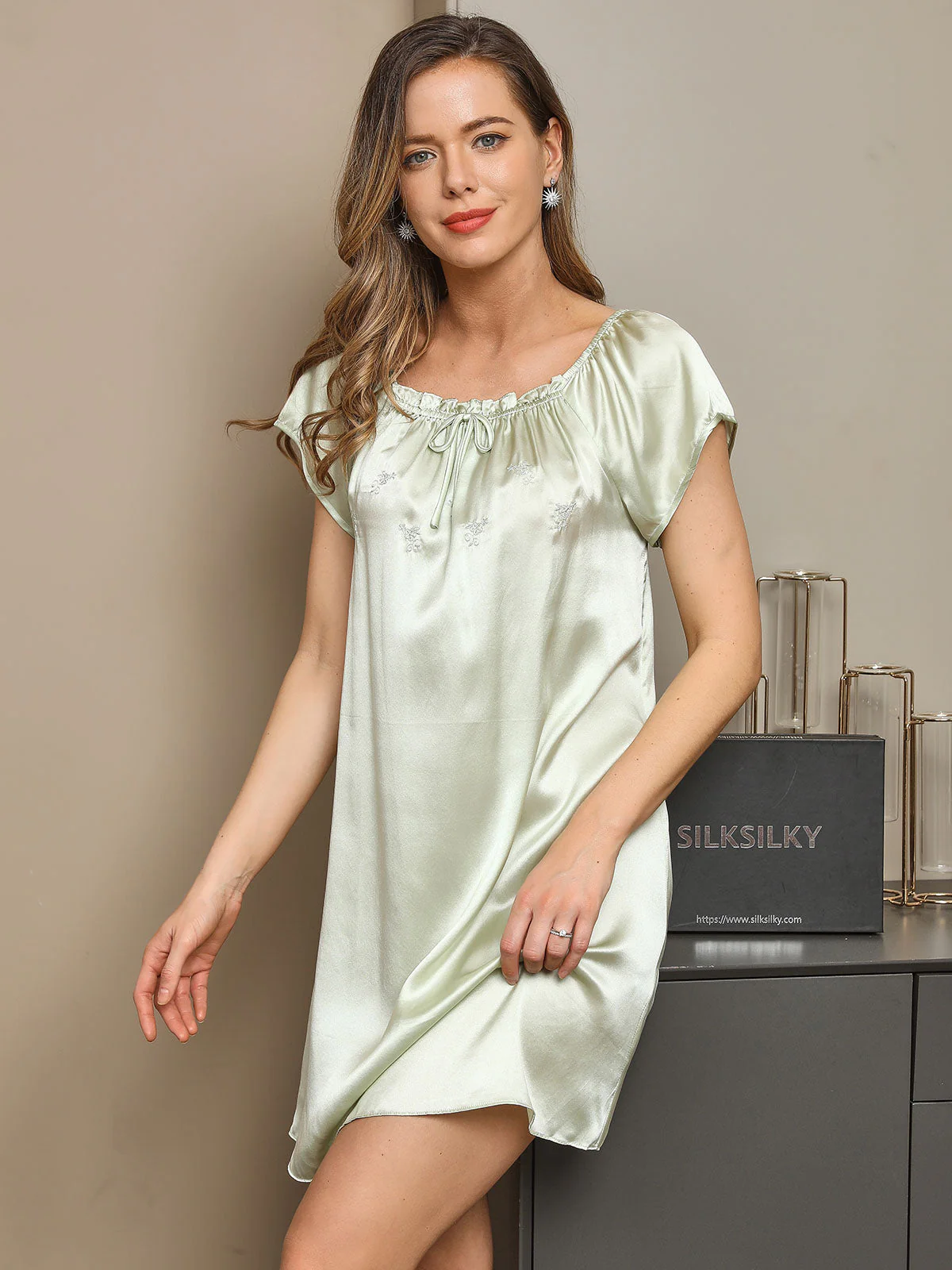Pura Seda Manga Corta Lindo Camisón - Image 15