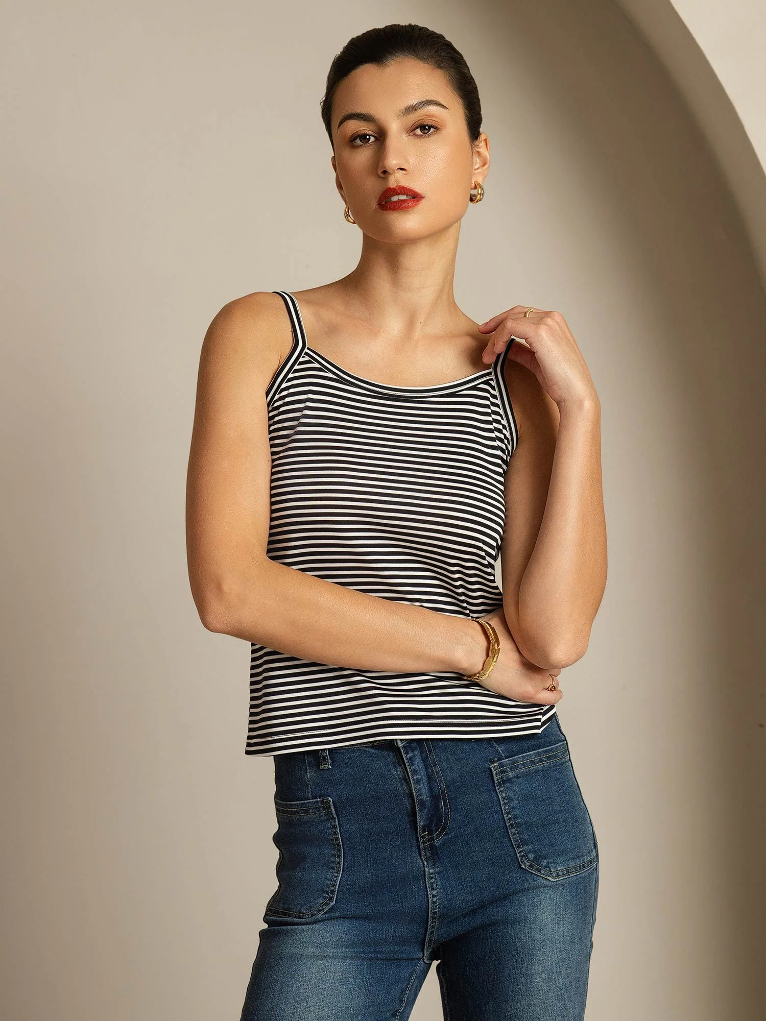 Top Camisola De Seda Pura Tirantes Finos Cuello Cuadrado A Rayas - Image 3