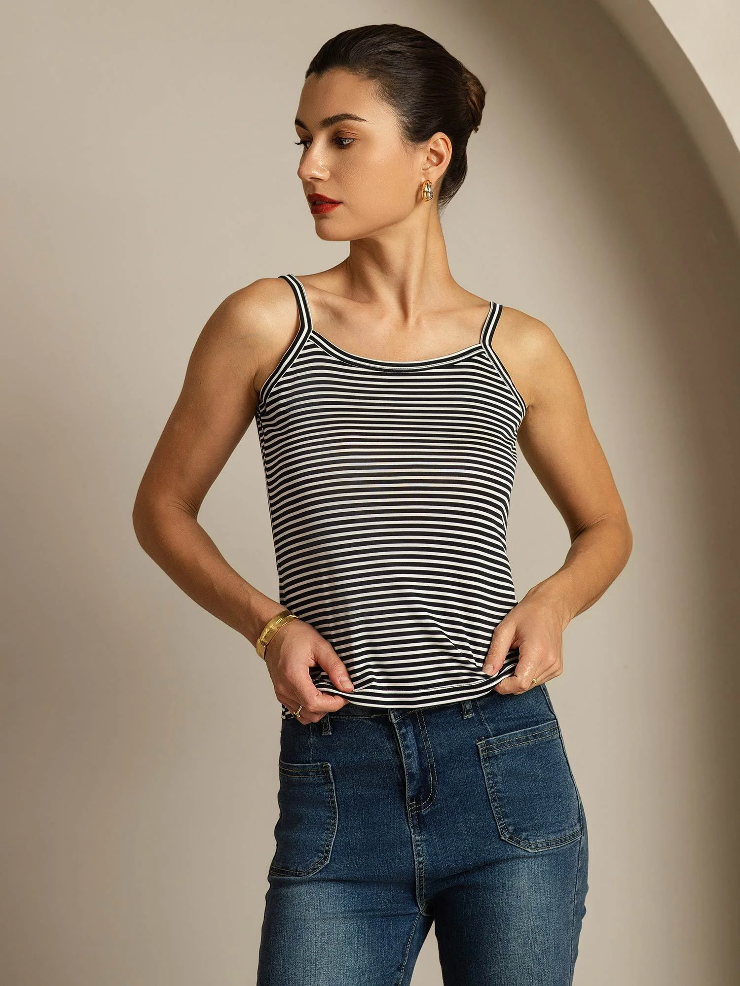 Top Camisola De Seda Pura Tirantes Finos Cuello Cuadrado A Rayas - Image 5