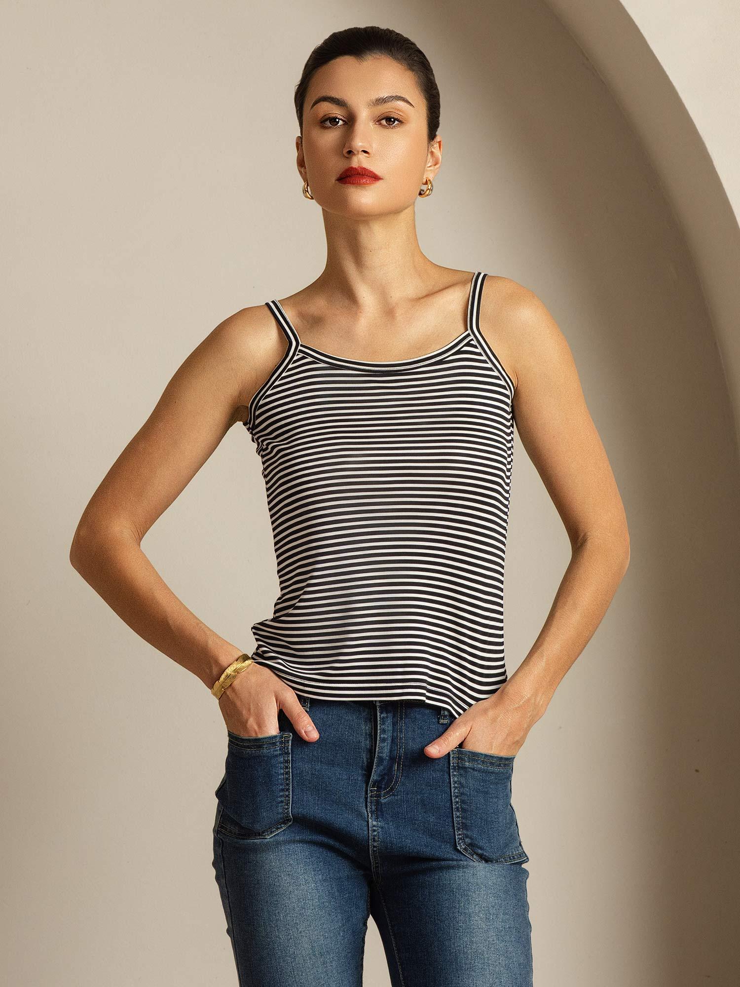 Top Camisola De Seda Pura Tirantes Finos Cuello Cuadrado A Rayas - Image 6