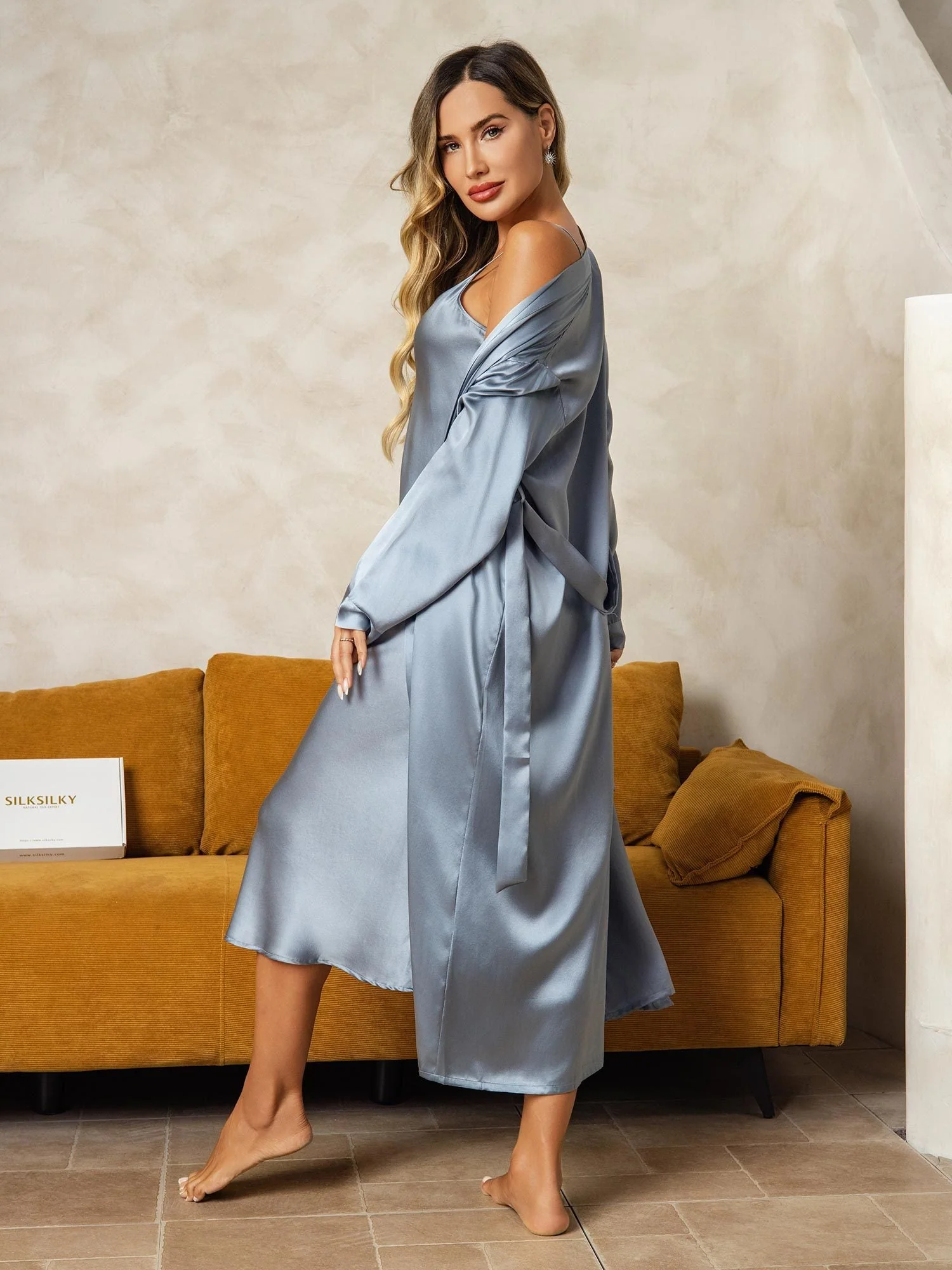 Seda Pura Escote en V Largo Midi Camisón & Bata Conjunto, 2 Piezas - Image 18