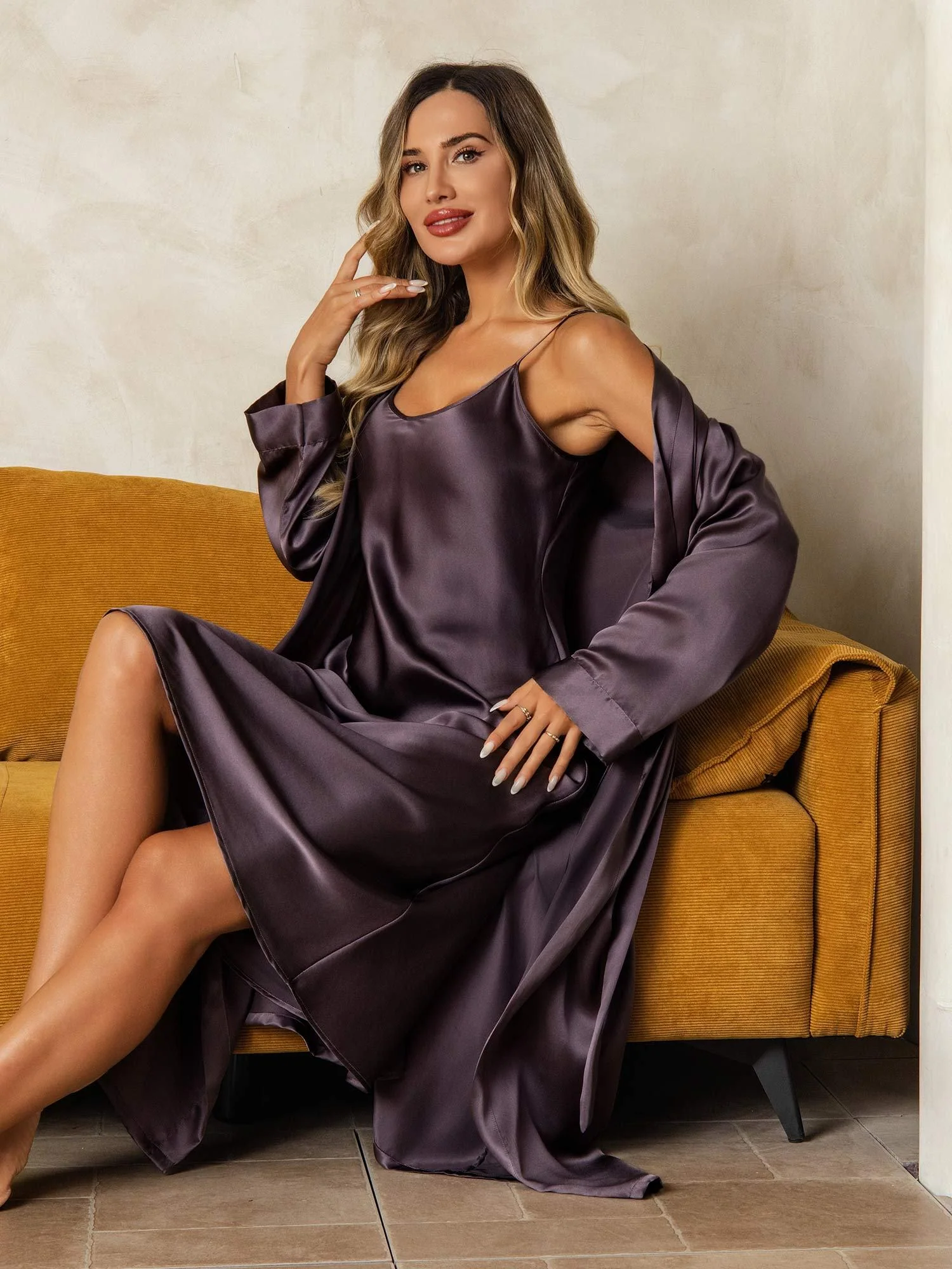 Seda Pura Escote en V Largo Midi Camisón & Bata Conjunto, 2 Piezas - Image 31