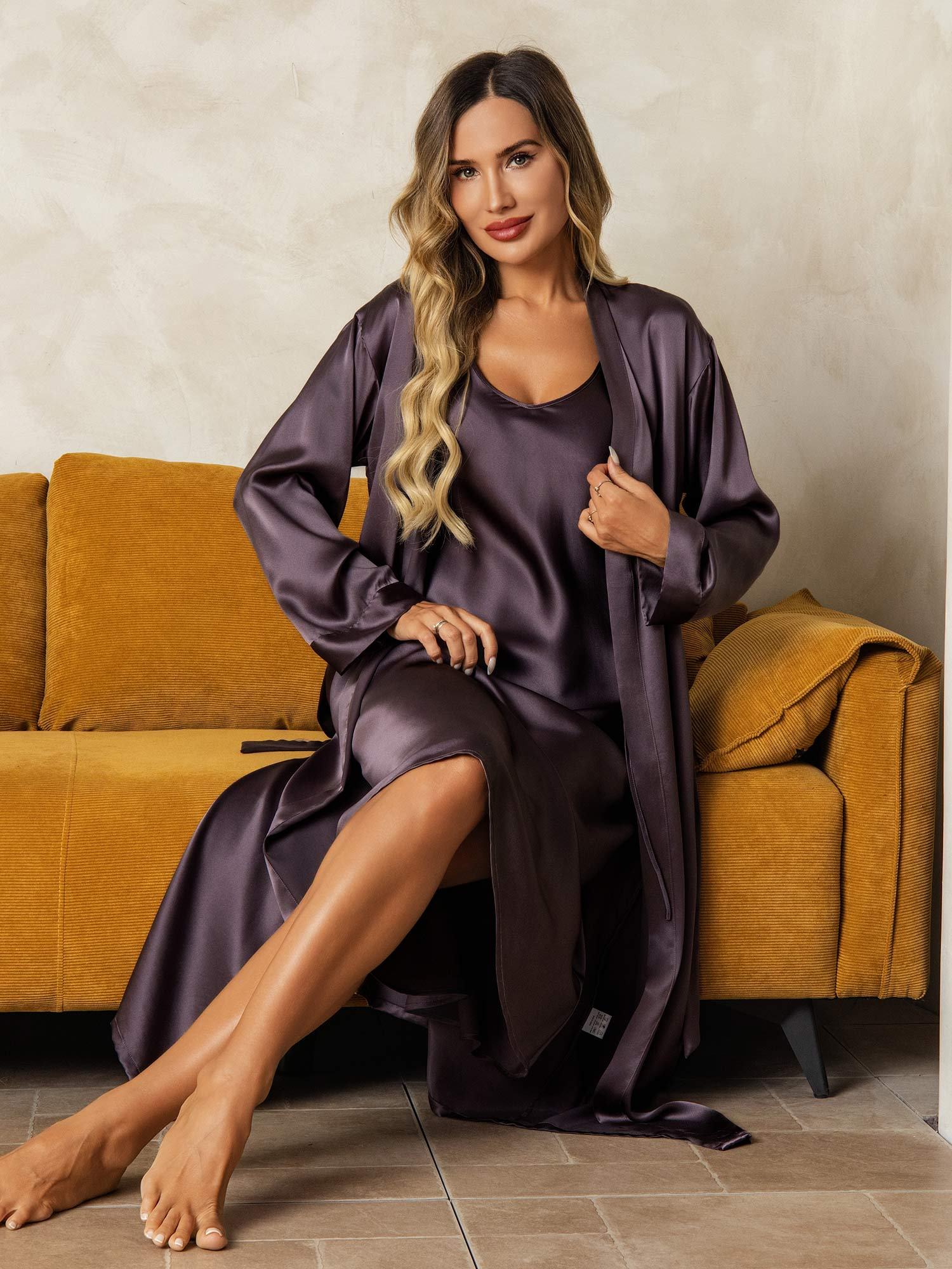 Seda Pura Escote en V Largo Midi Camisón & Bata Conjunto, 2 Piezas - Image 32