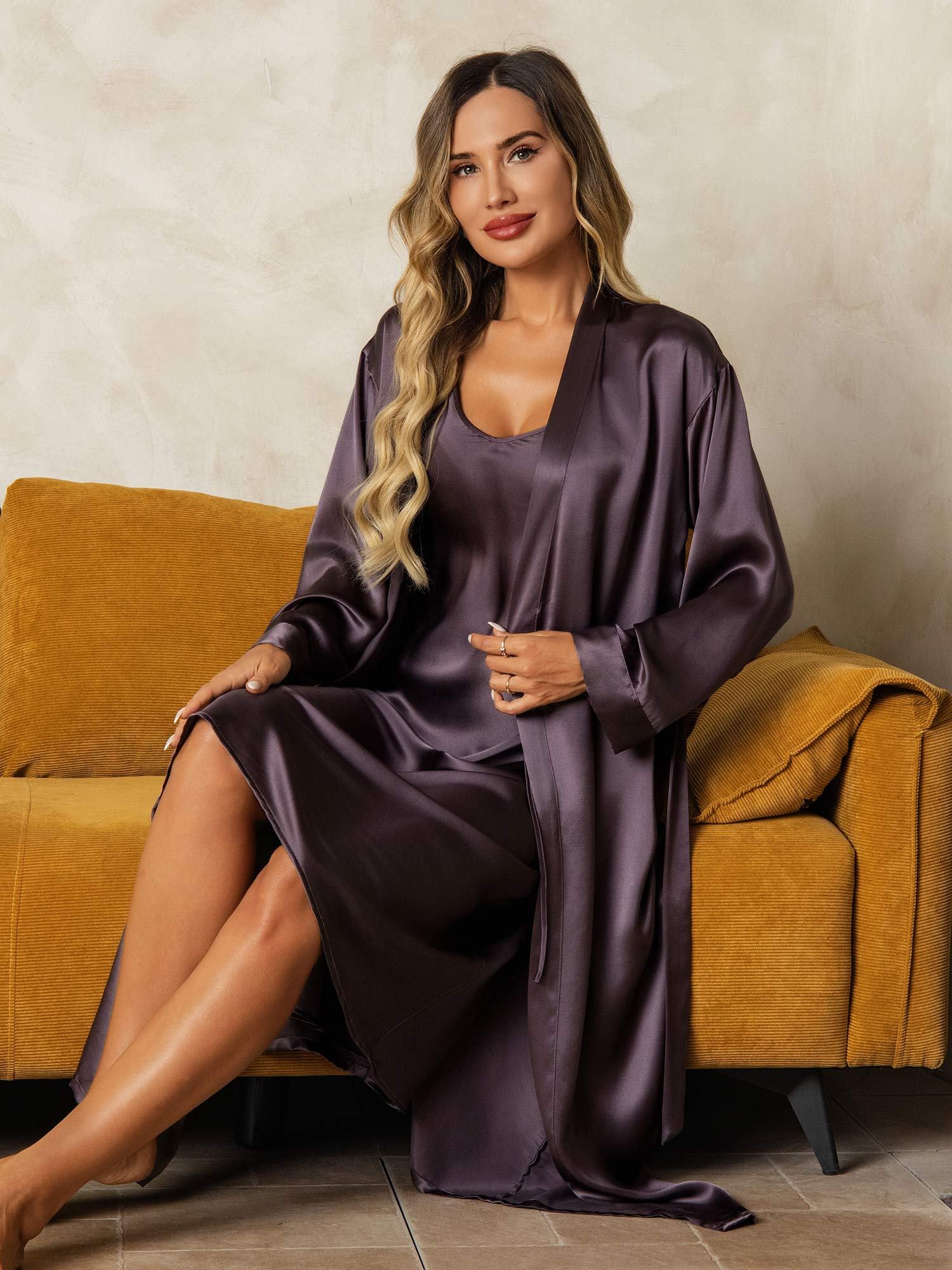 Seda Pura Escote en V Largo Midi Camisón & Bata Conjunto, 2 Piezas - Image 33