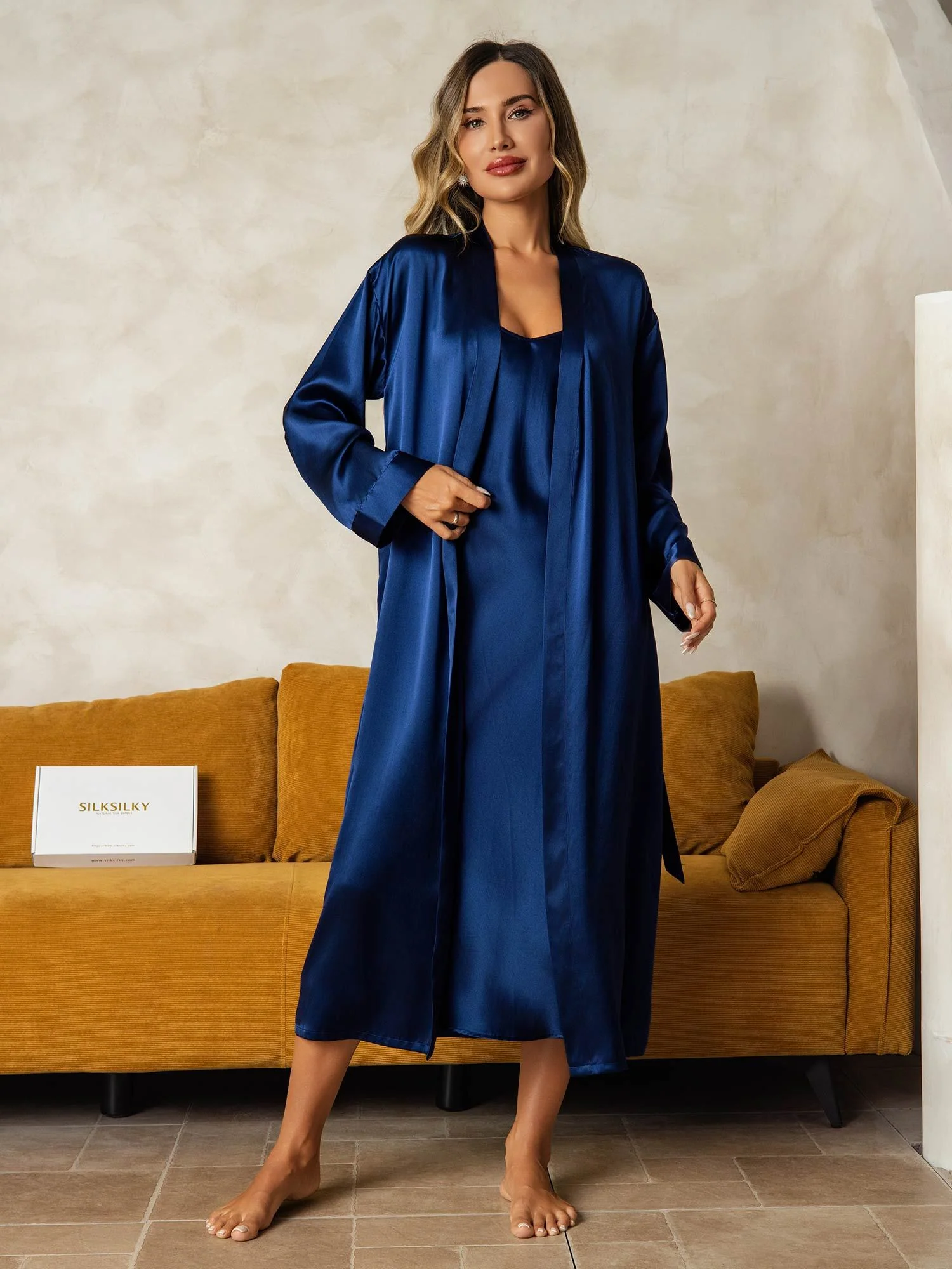 Seda Pura Escote en V Largo Midi Camisón & Bata Conjunto, 2 Piezas - Image 42