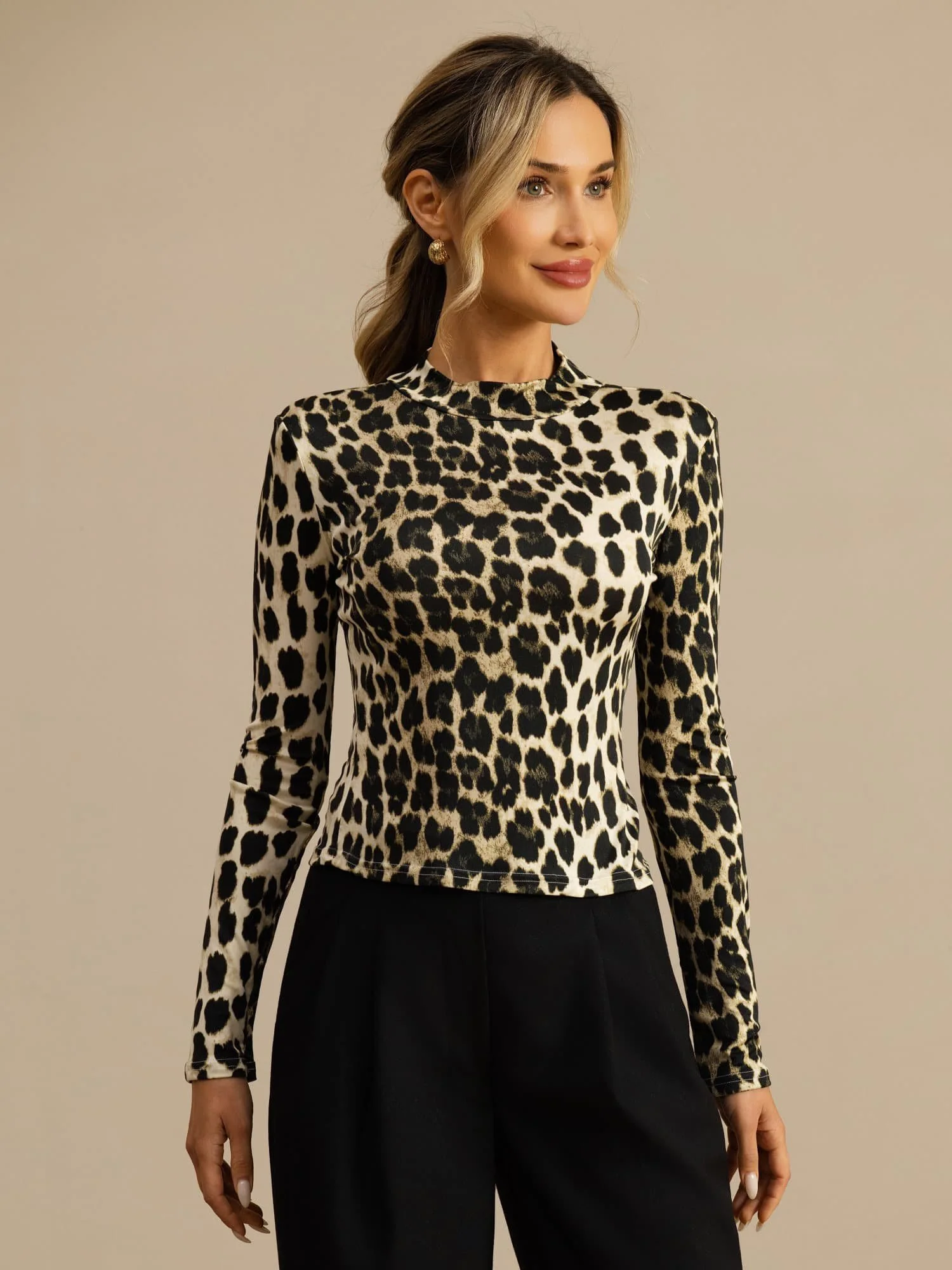 Pure Seda Mujer Estampado Animal Salvaje Manga Larga Top Cuello Alto - Image 17