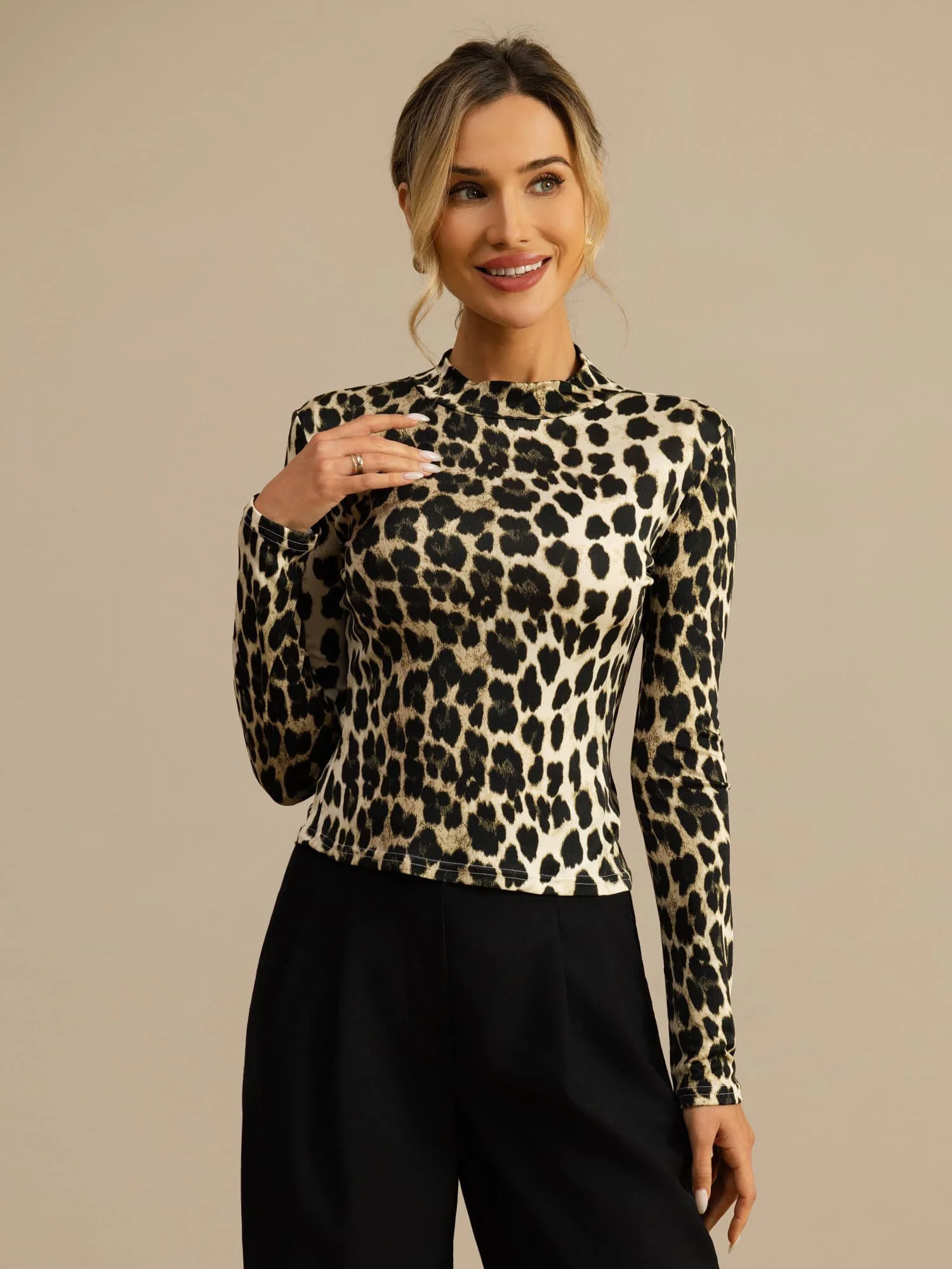 Pure Seda Mujer Estampado Animal Salvaje Manga Larga Top Cuello Alto - Image 19