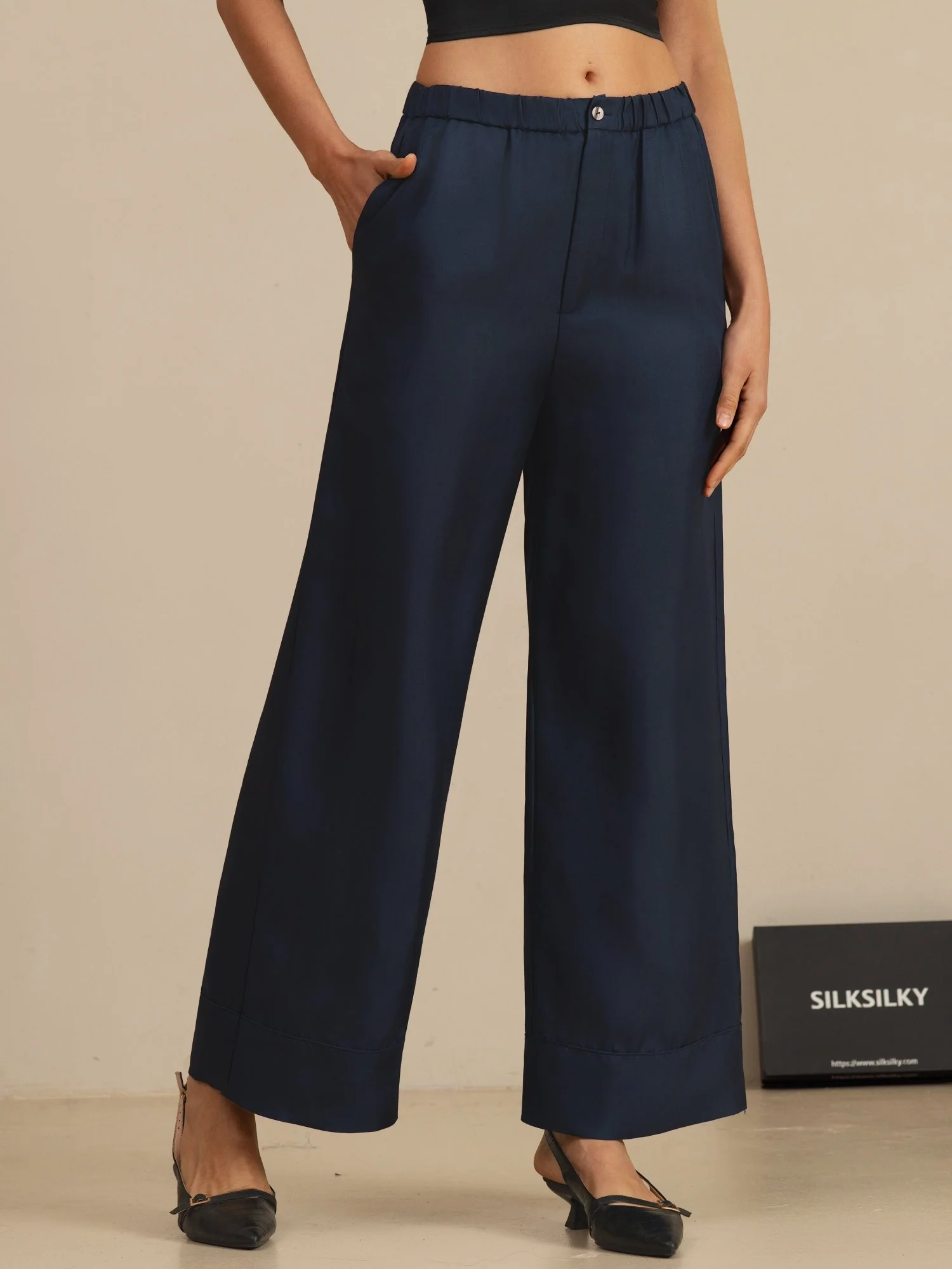 Seda Pura Mujer Cintura Alta Largo Completo Cintura Elástica Pantalones Con Bolsillos