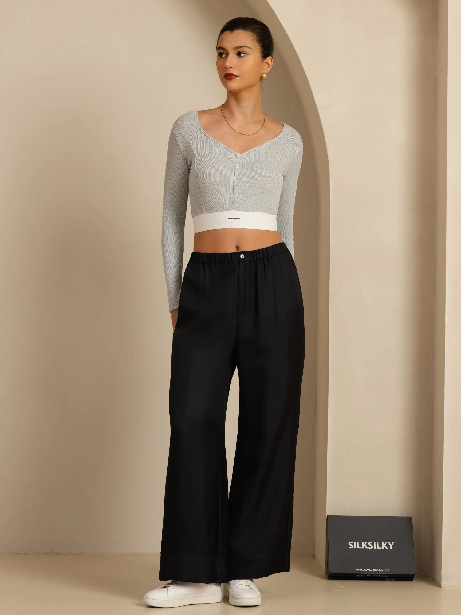 Seda Pura Mujer Cintura Alta Largo Completo Cintura Elástica Pantalones Con Bolsillos - Image 11